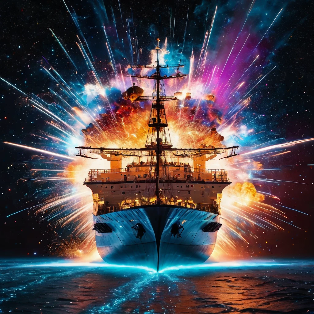 a ship exploding in the cosmos, very detailed, 8k quality, light trails and thousands of pieces of different colors that scatter after the explosion, a stop-frame image,