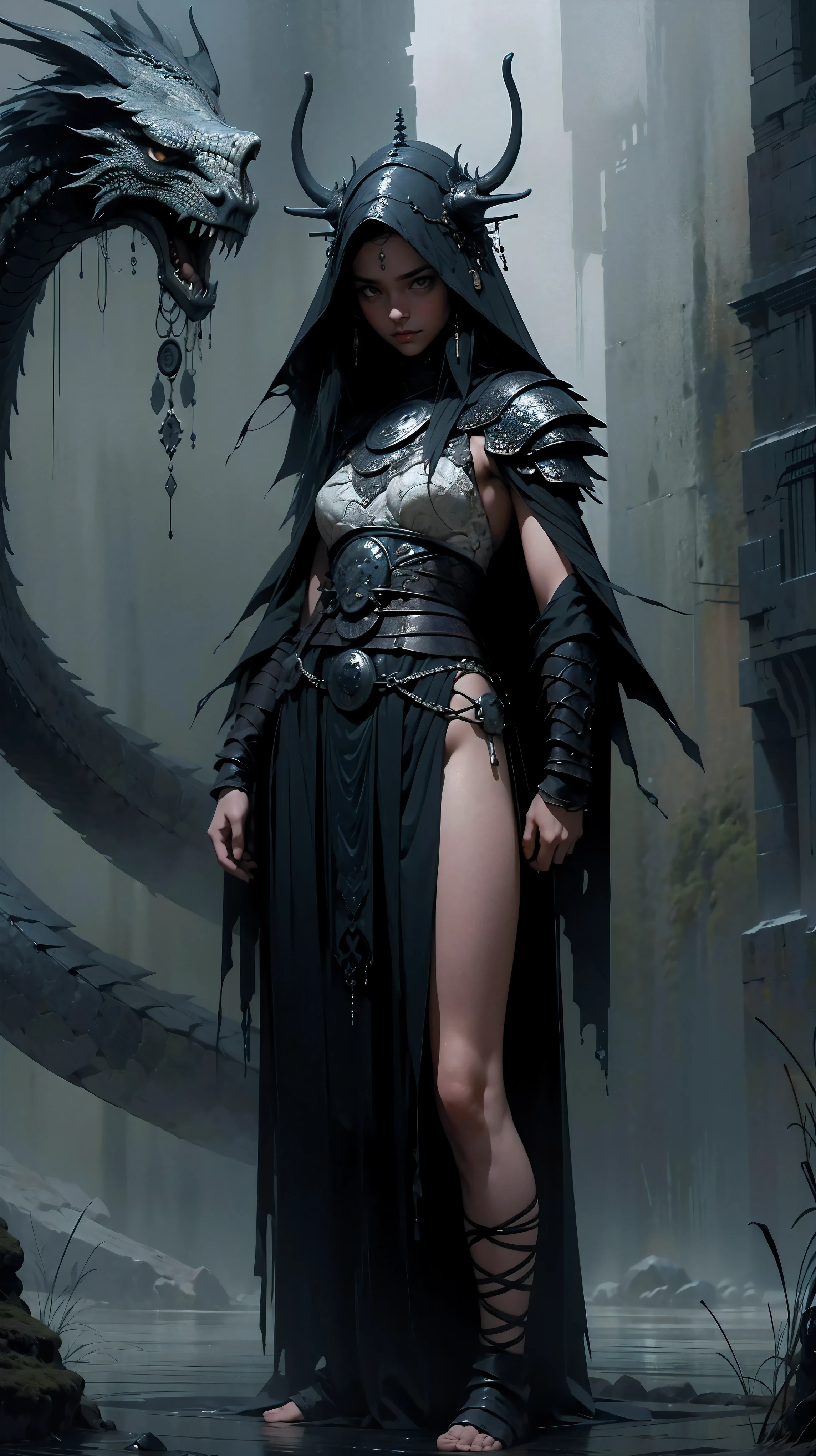 beautiful warrior girl with dragon, Best quality, masterpiece, super high resolution, (realism: 1.4) Dark colors, gloomy, grim, foggy