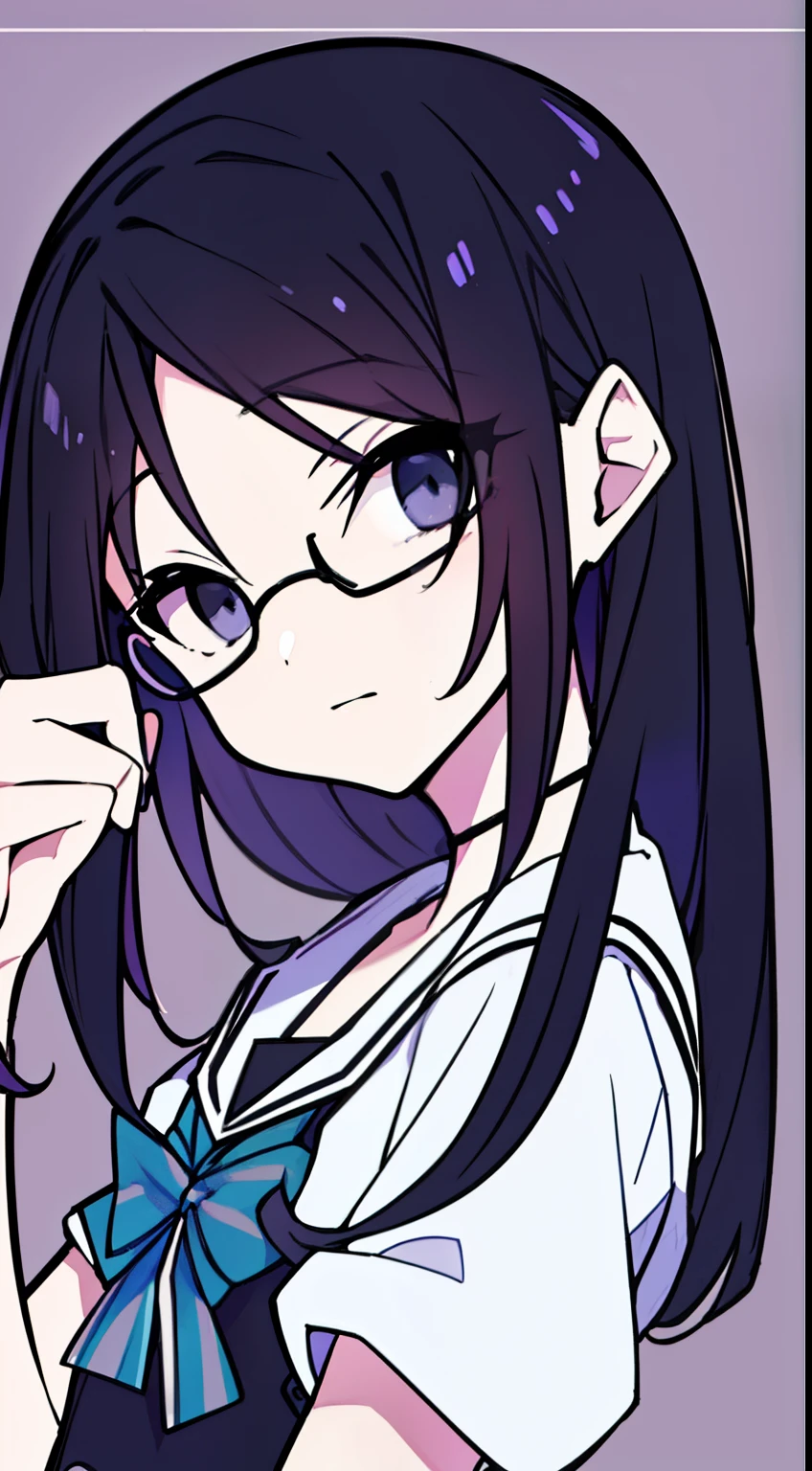 (highest quality、masterpiece:1.2) ((1 girl)) black hair、black eye、messy hair (school uniform) (flat chest) (Glasses) beautiful and well-shaped face、dark look
