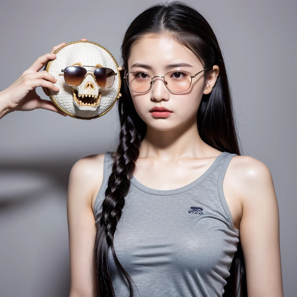 （best quality, masterpiece：1.2）, ID photo of a 16-year-old Chinese girl, sportswear, camisole，Pure cotton，gray background, Surrealism, ultra high definition, textured skin, high detail，facing the camera, 8K crocodile skeleton（（（platinum marble sunglasses）））