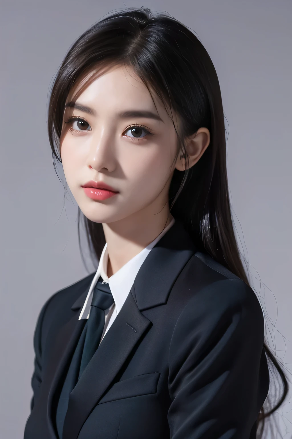 tmasterpiece,Best quality,A high resolution,8K,(Portrait photograph:1.5),(Head close-up),(ROriginal photo),real photograph,digital photography,(Girls in the workplace),(Female president),20 year old girl,random hair style,By bangs,(green-eyed),Serious and obsessed with breasts, accessories,Keep one's mouth shut,elegant and charming,Serious and arrogant,Calm and handsome,(Women's professional attire),Photo pose,Realisticstyle,gray world background,oc render reflection texture