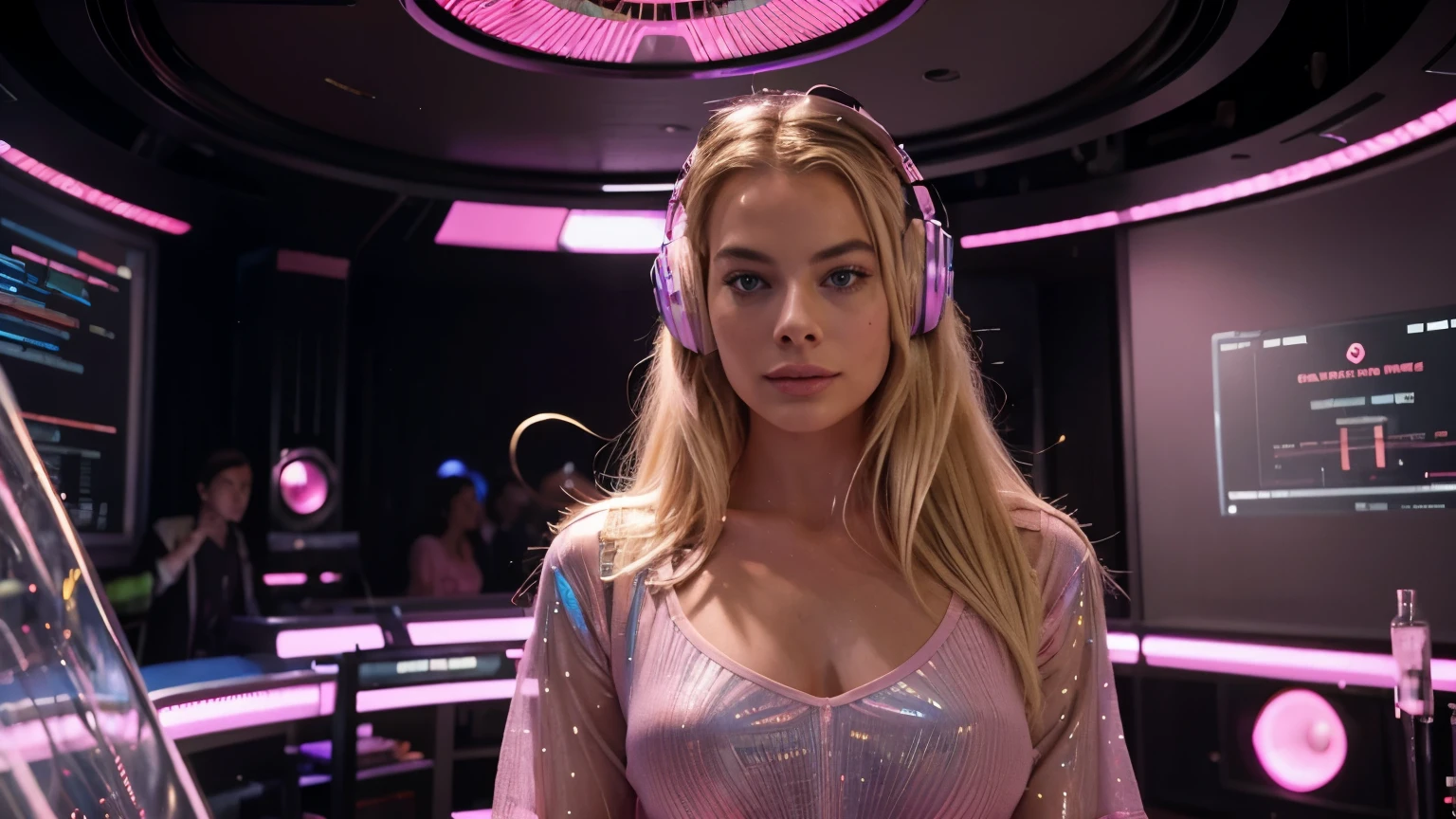 create blonde Margot Robbie smiling, dressed in pink, listening to music and dancing in an environment surrounded by speakers and super modern gadgets creating holographs around, sci-fi environment