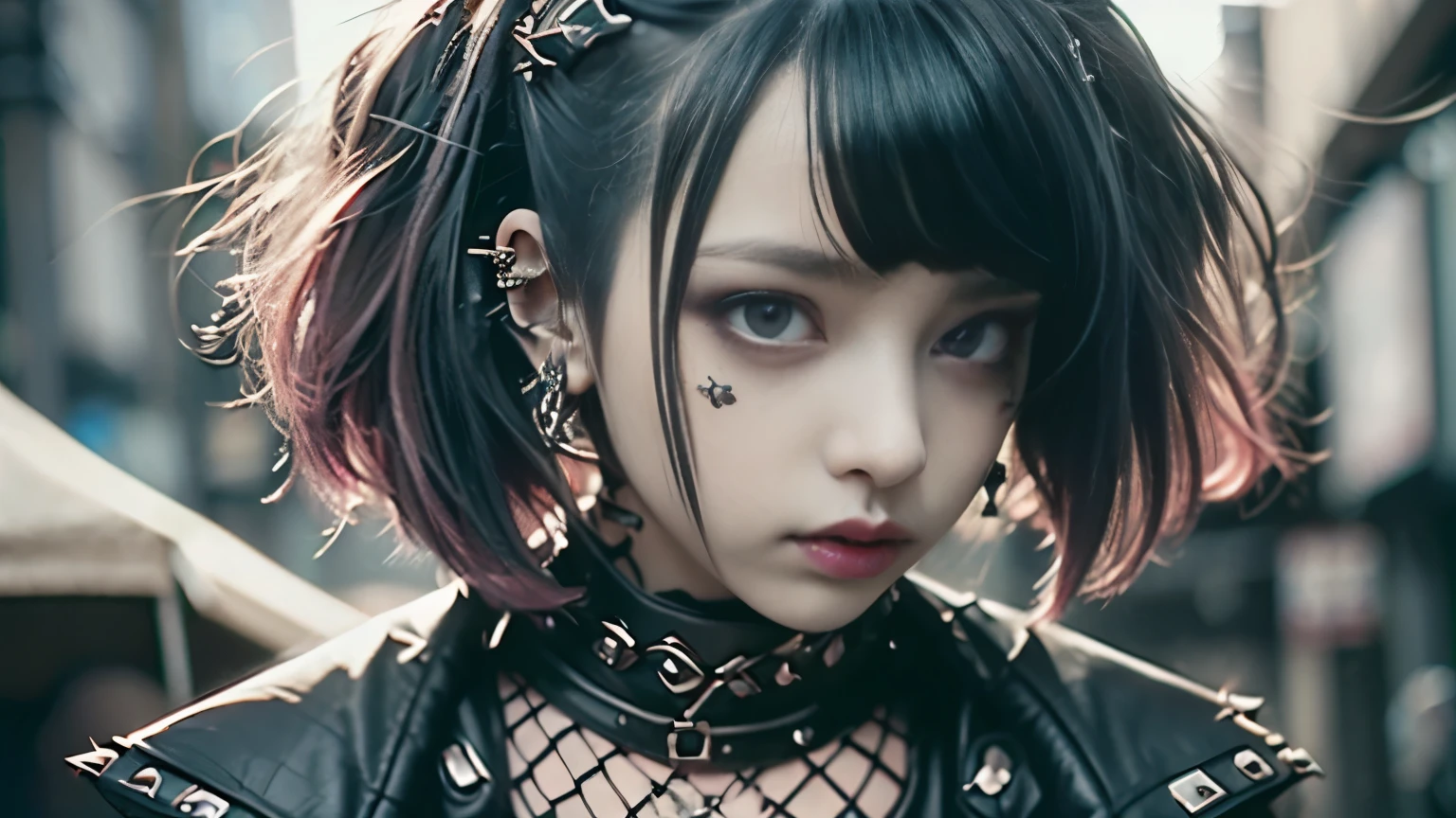Mohican、、goth、(masutepiece), (Portrait), (Aesthetic), (Beautiful), (upper blody), (High quality), (aesthetic clothings), (professional angle), (thirds rule), (Feminine), (Woman), (Beautiful),(Feminine features), (25-years old), Solo, 1 woman, (Charming punk girl), Winters, Dramatic light,), Edgy makeup, (Small bust), , (Front face), (Defiant expression), ((defiance)), (Leather jackets and tattoos), ((Short hair)), (dyed (E.G. and pinks) hair), (spiky hair), (Thick hair), Matte Shine Hair, (Hair bands scattered in the hair), (Green eyes), (Bold and bold look), (pale skin), (Dark clothes), (Band T-shirt), (Ripped jeans), (-), crew neckline), ((Urban alley background)), (up close shot), Beautiful hands, Two hands, normal hands, Two arms, complete hands, Beautiful body, Beautiful fingers, normal fingers, Five Fingers, Five Fingers, (Thumb index finger ring finger), Beautiful ears, normal ears, Beautiful eyes, shiny eyes, Beautiful mouth, Beautiful lips,