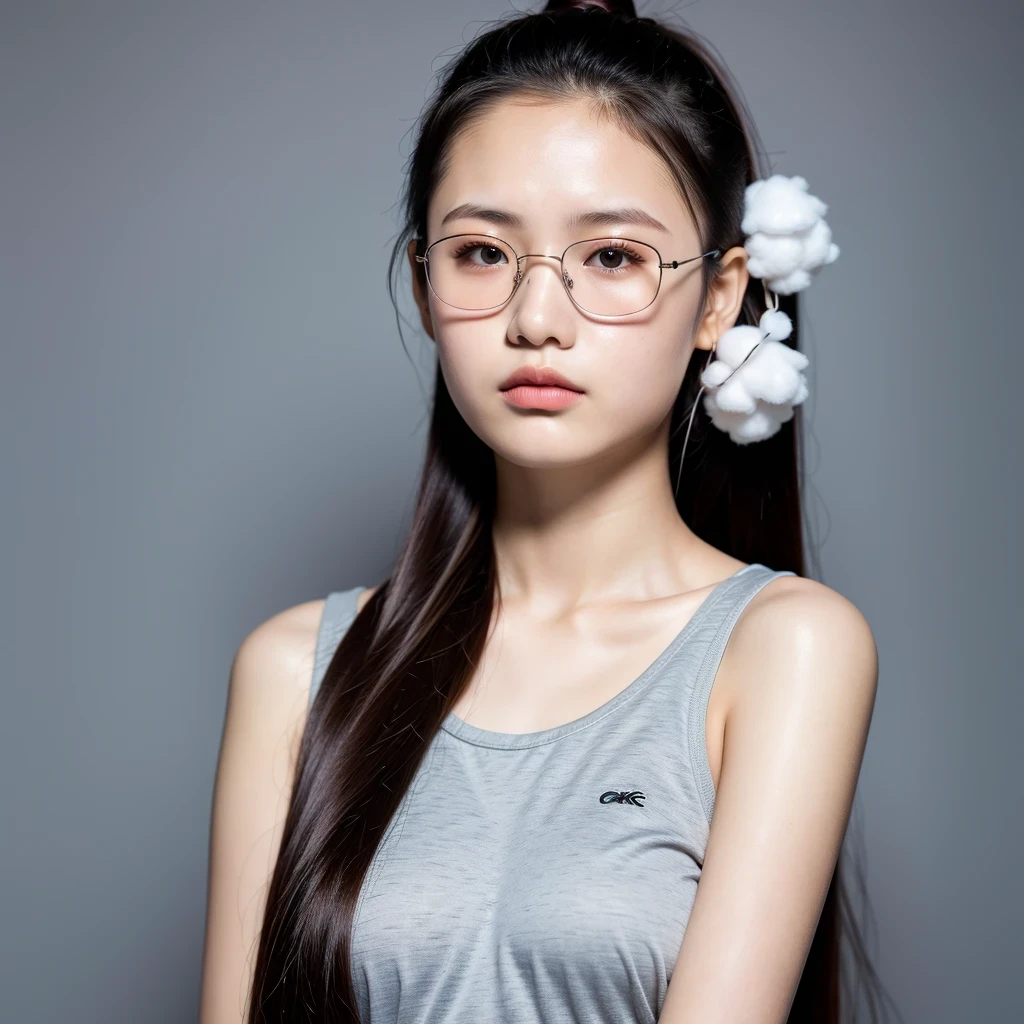 （best quality, masterpiece：1.2）, ID photo of a 16-year-old Chinese girl, sportswear, camisole，Pure cotton，gray background, Surrealism, ultra high definition, textured skin, high detail，facing the camera, 8K crocodile skeleton（（（platinum marble sunglasses）））