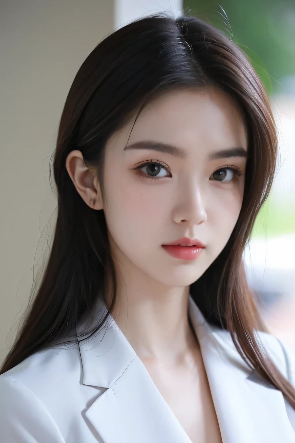 tmasterpiece,Best quality,A high resolution,8K,(Portrait photograph:1.5),(Head close-up),(ROriginal photo),real photograph,digital photography,(Girls in the workplace),(Female president),20 year old girl,random hair style,By bangs,(green-eyed),Serious and obsessed with breasts, accessories,Keep one's mouth shut,elegant and charming,Serious and arrogant,Calm and handsome,(Women's professional attire),Photo pose,Realisticstyle,gray world background,oc render reflection texture