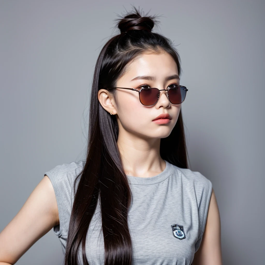 （best quality, masterpiece：1.2）, ID photo of a 16-year-old Chinese girl, sportswear, camisole，Pure cotton，gray background, Surrealism, ultra high definition, textured skin, high detail，facing the camera, 8K crocodile skeleton（（（platinum marble sunglasses）））