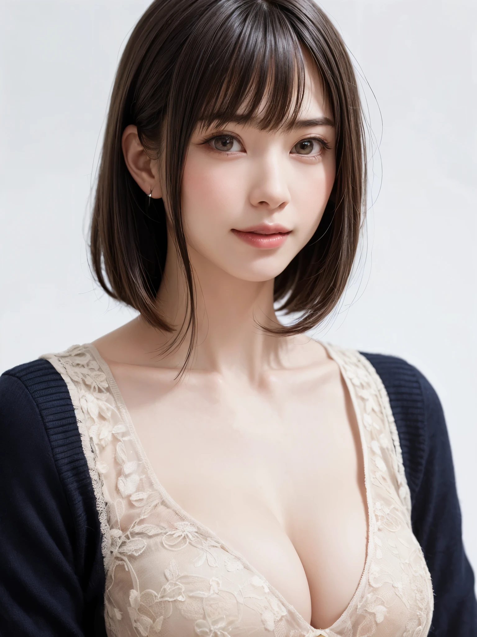 (masterpiece, highest quality),1 girl, alone, scarf, have, realistic, realistic, looking at the viewer, light colored black eyes, Brunette short bob hair with highly detailed shiny hair, Winter clothes, Whity, lips, bangs, outdoor, closed mouth, Upper body、Big eyes、eyelash、((There'There'There'There'There's really no background、really pure white background))、(((bangsのあるショートヘア、Big eyes、big and full chest、look at the audience、beautiful beauty、show me your ears、long neck、smile、please close your mouth and smile)))、ideal body proportions、(Tree-lined avenues in the winter wilderness of England)、{Huge|big|Hugeな|mega} chest, cleavage