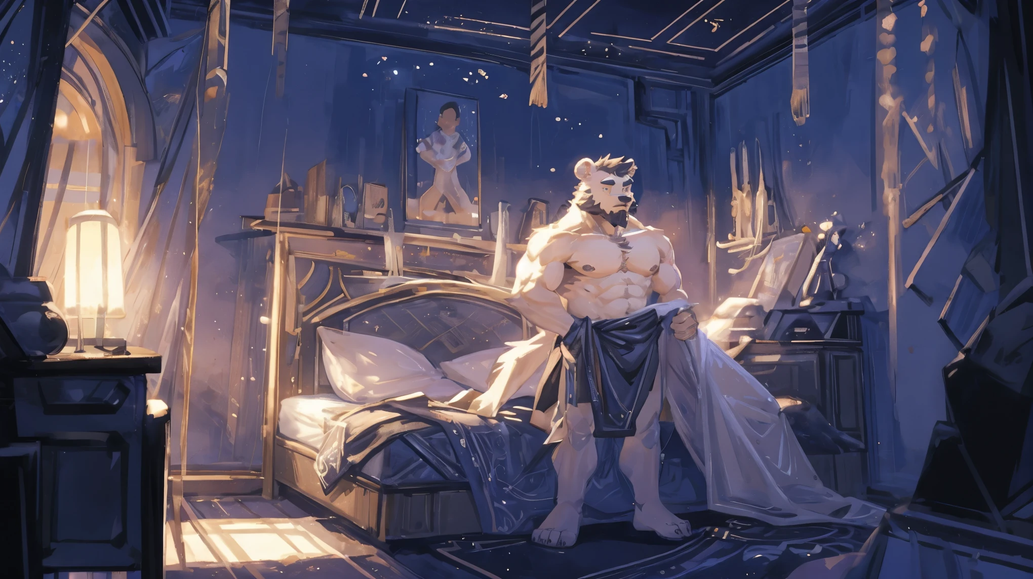 (masterpiece:1.2), best quality,pixiv,official art,perfect anatomy, (Ray tracing, light),solo, (1_male:1.3) , (muscle), (gray fur:1.4), (muscle bear), (beard:1.2), (gleaming golden eyes), Thick eyebrows, naked , cover blanket, bedroom, lying on the bed, french window , galaxy ,stars