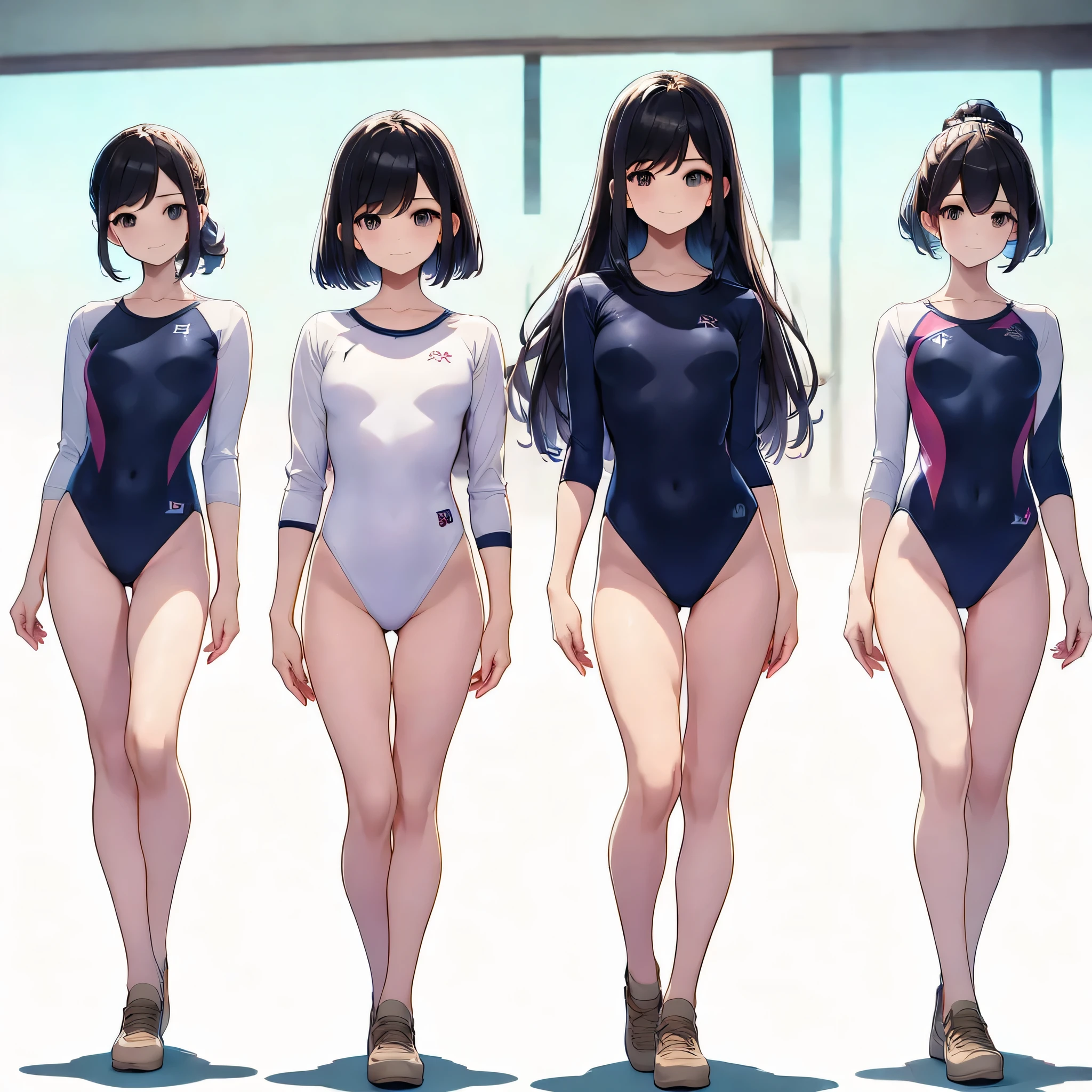 ((full body)),(masterpiece, highest quality), (3 girls 1.5) ,((contrasting:1.5)), looking at iniewer, walk,((in_arm:1.2)), wear gymnastics_longsleeines_leotard_outfit leotard:1.3), , BREAK masterpiece black hair, ((long hair:1.2)), ((parted bangs:1.3)), black eye, good hand, ((small breasts)), (oiner 20 years old, Under 25 years old:1.2), , Spotlight, Happy, smile, 教室in休憩