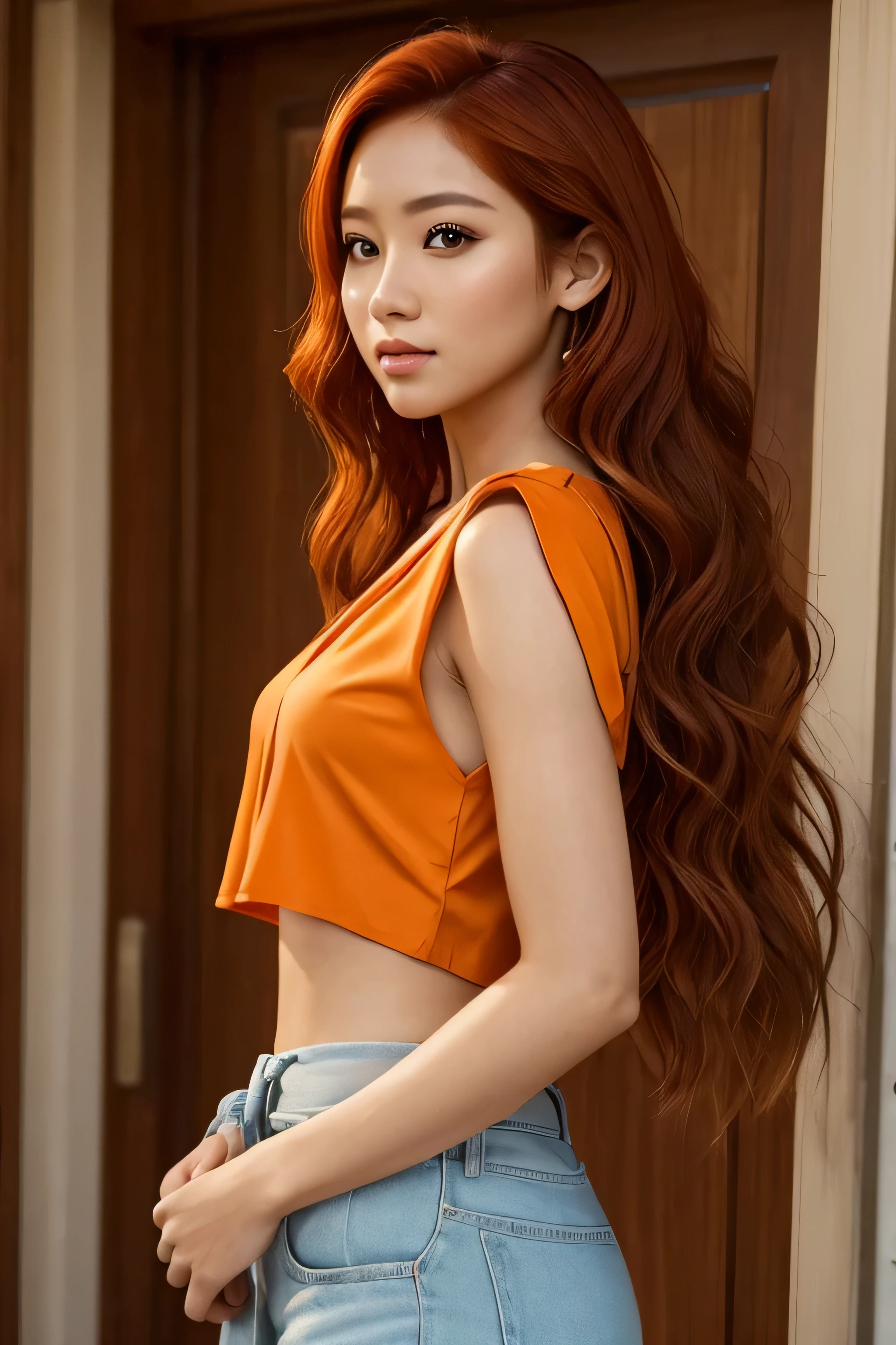 a gorgeous orange-haired woman (Cristy Ren), professional but fun, brown eyes, short brown wavy hair up or down. Dressed in a very open loose deep-low-cut shirt, Standing front facing outside, or in luxury, perfect make-up, cinematic, realistic, wavy hair, high contrast, visually rich, brown eyes, strong eyeliner, elegant, graceful, natural beauty, charismatic, versatile, photogenic, very detailed