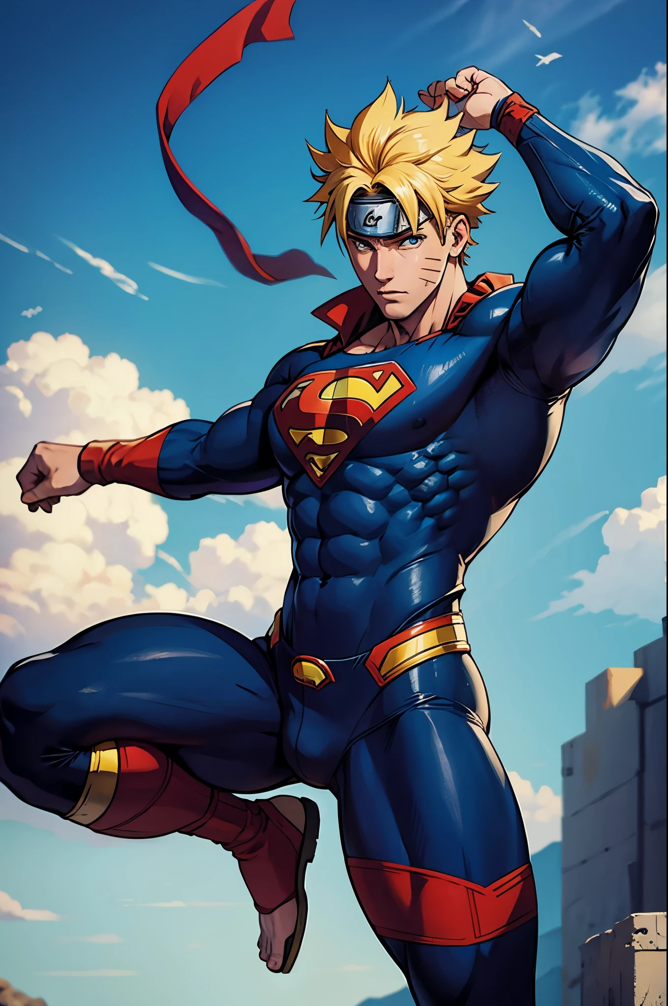 Naruto como Superman, realista, perfeito, corpo inteiro