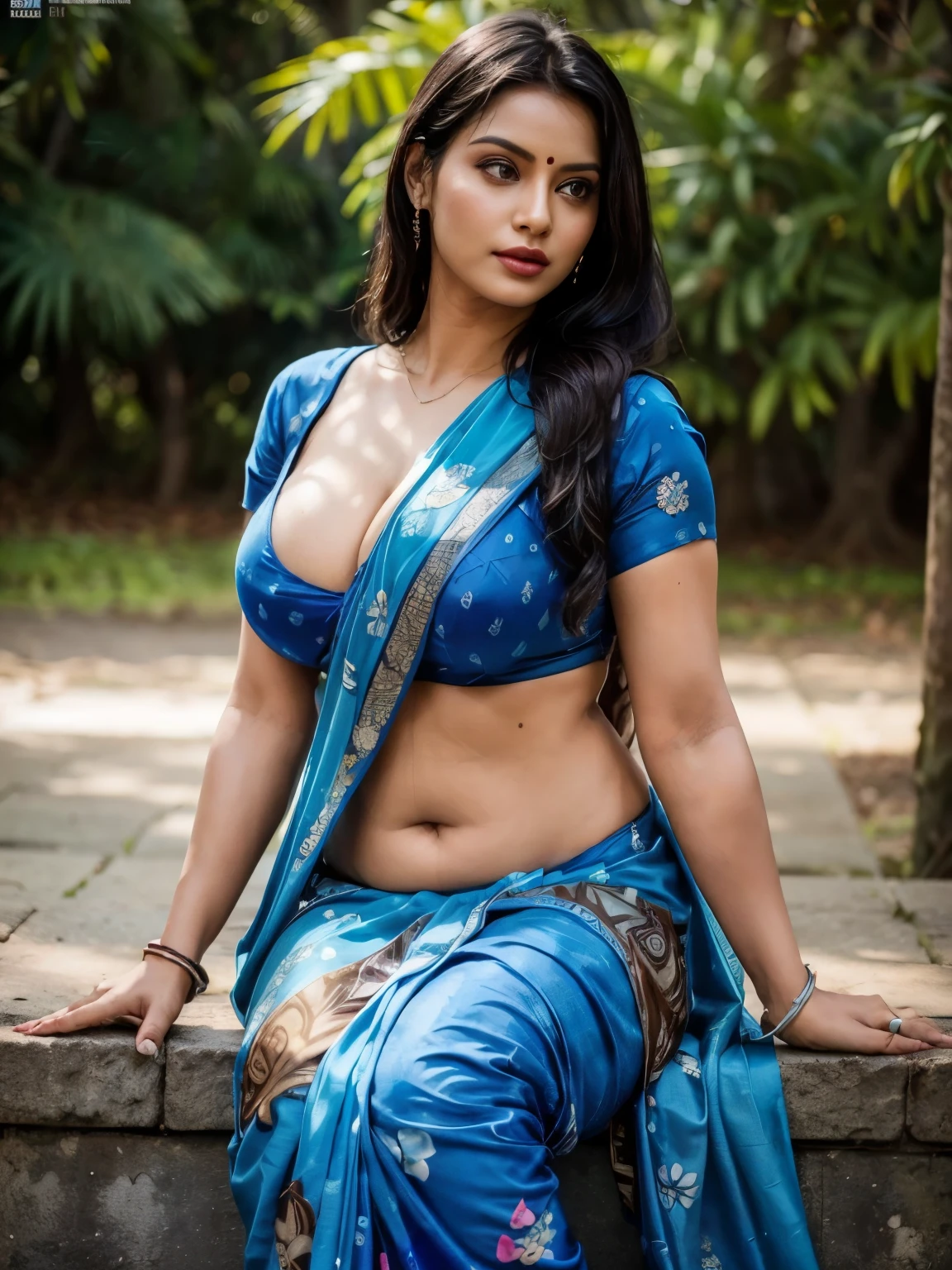 Hot and sexy woman, gigantic breasts, cleavage, wore stylish and design hot and sexy blue and chocolate colour saree (printed Design), sitting in park (afternoon time), sitting & model pose, beautiful body, masterpiece, ultra realistic,detailed, 16 k , Film type light, potrait photography,camera angle front, looking at viewer