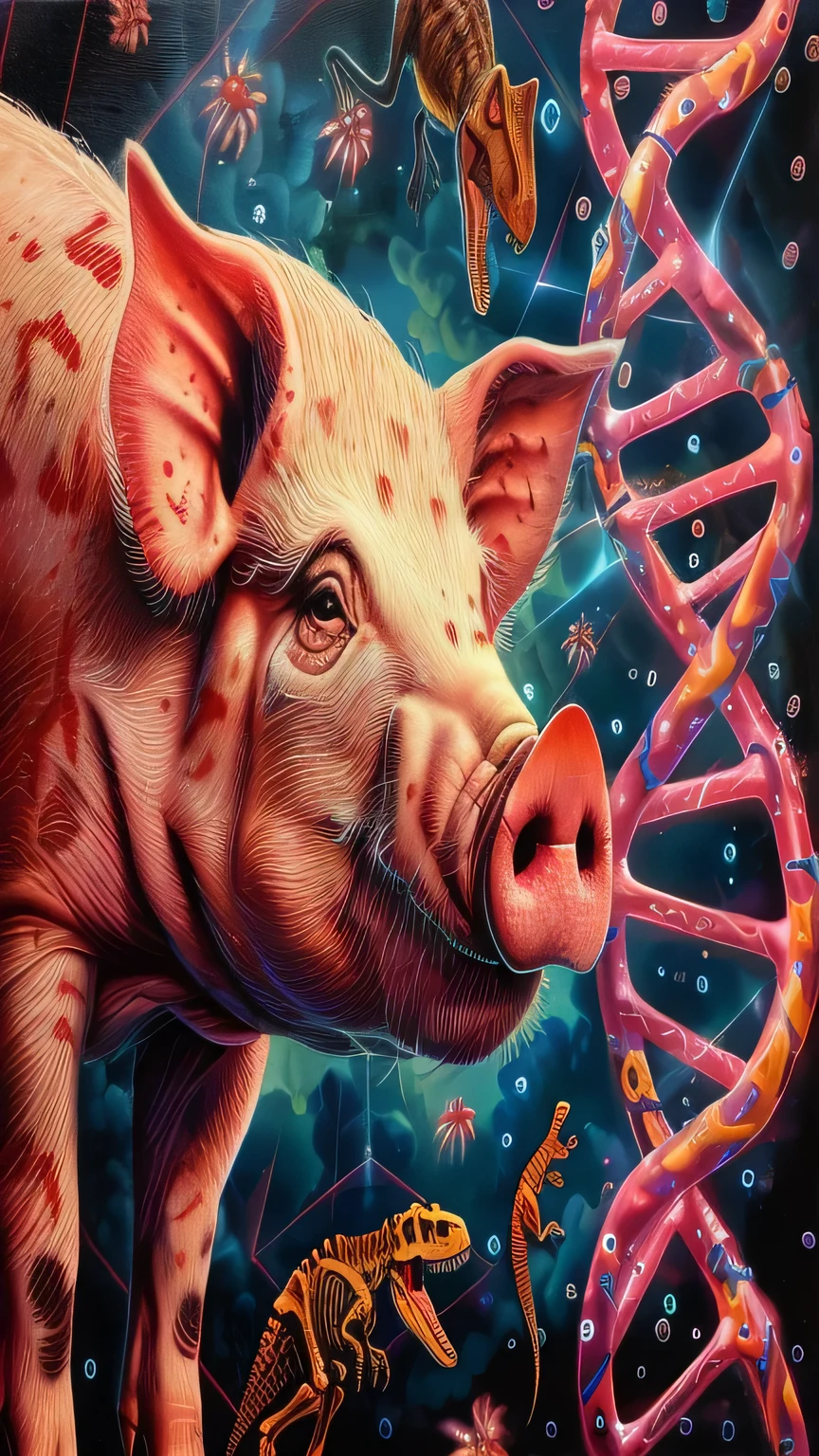 painting of a pig and a lizard in a field of flowers, “pig, prehistoric hell pigs, Rob McNaughton, Genetic, Jason Benjamin, casey weldon, mutation, Justin Gerrard, by Katherine Scott, dna, pig, author：Derek Zabrocki, Inspired by Ron English, Chris Rahn, fantasy, by David B. Mattingly