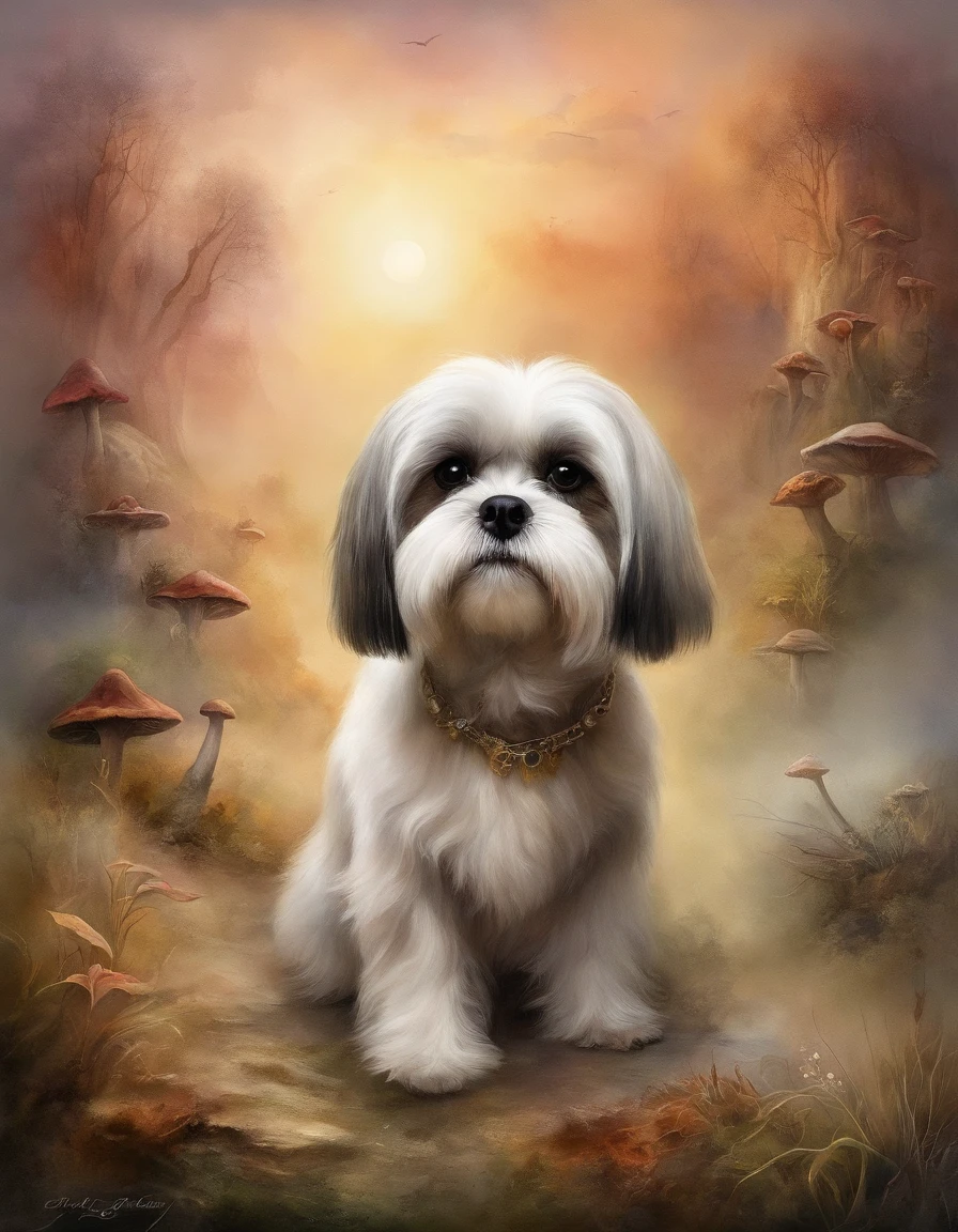 (Chrome hint) An enchanting and mystical fantasy scene where a loyal dog - a mini shih tzu, is seen standing in a misty, steamy world. A colossal mushroom cloud rises in the background, casting a surreal, ethereal glow over the landscape. The overall atmosphere of the image is a mixture of magic and danger, with a sense of adventure and wonder.
