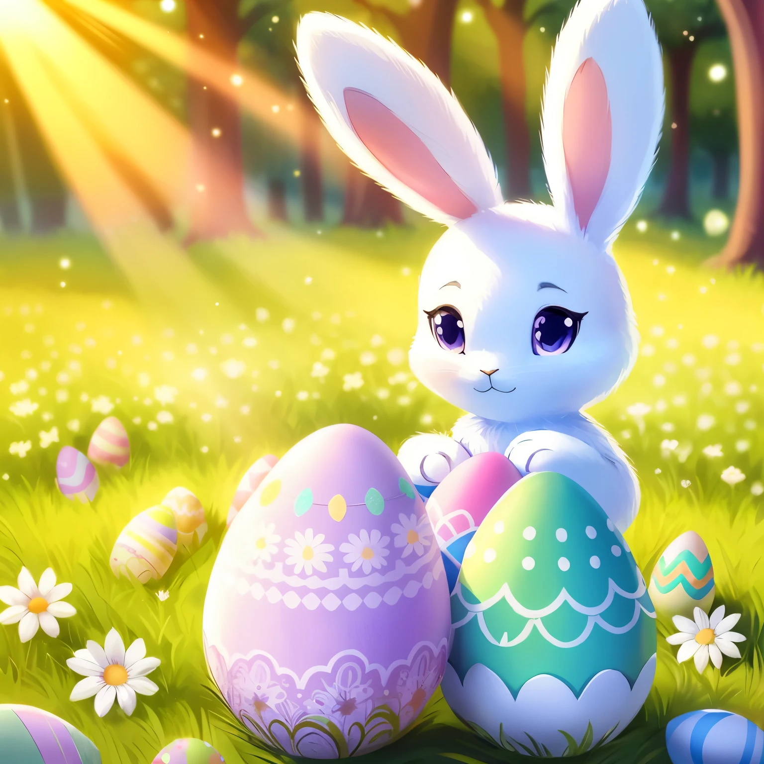 Ultra-detailed, elegant, and whimsical, this picture depicts an anthropomorphic Easter Bunny holding a beautifully crafted, intricately designed Easter egg. The bunny's soft, velvety fur is a perfect contrast to the shiny, glossy surface of the egg. The details on the Easter egg are exquisite – from the delicate floral patterns etched into its shell to the meticulously crafted bow adorning its top. The bunny's widened, excited eyes are filled with anticipation, reflecting the joy and magic of the Easter holiday. The background is a lush, green meadow bathed in the golden light of a sunny day