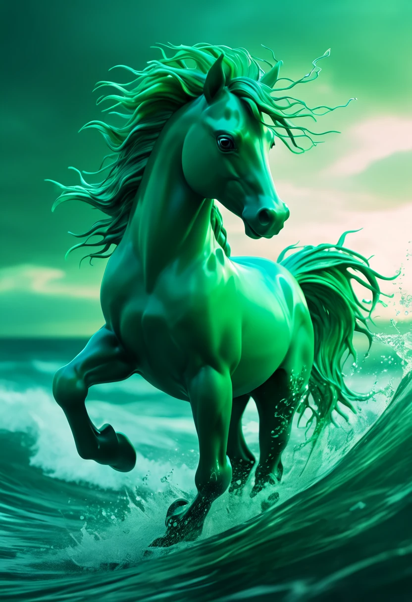 The scene depicts a wild Leafy Sea pony, with the speed of its motion leaving behind traces. The animal's gaze is focused and awe-inspiring. The style of the artwork is characterized by a strong visual impact, presented through depth effects, dynamic blur, intense light and shadow contrast, and cinematic framing. The berry and sea green light sources contribute to the surreal atmosphere.