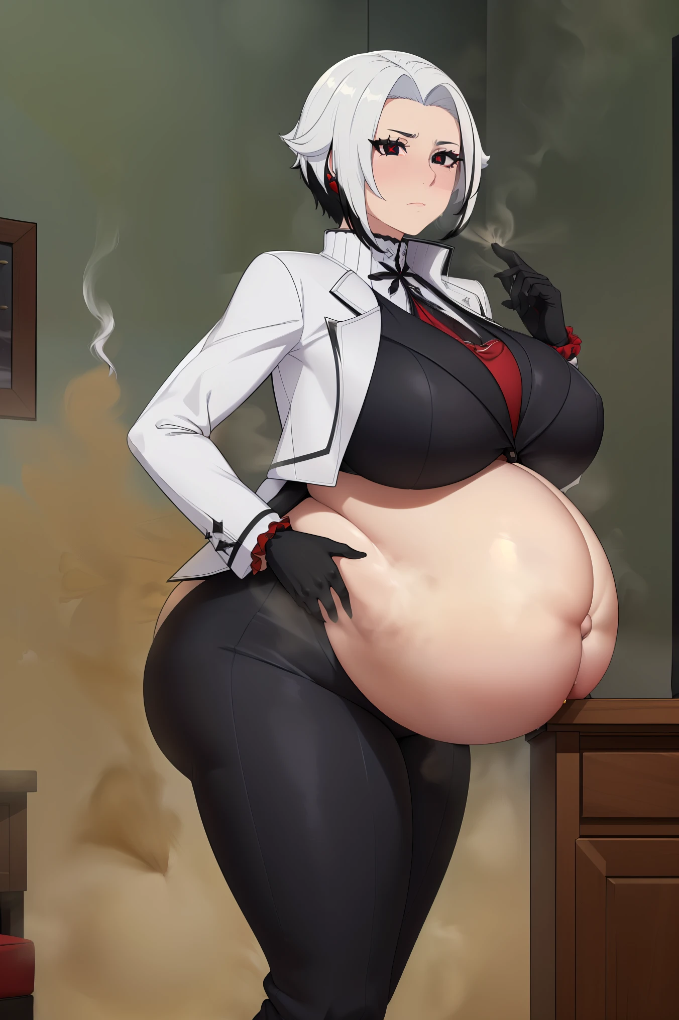 (top-quality, in 8K, 32K, masterpiece, A high resolution, Impressionism, Photorealsitic:1.2, anime style), (((((detailed faces and eyes, beautiful face, black eyes, red x-shaped pupils, cold expression))))), (((Masterpiece, 1 mature female, Arlecchino, white and grey jacket with long sleeves, black trousers, high collar, formal suit, white hair with black streaks, black gloves))), Cinematic, (((( big belly, massive breast, massive ass)))) 4k, fantasy room ((((fart, farting, massive fart))))