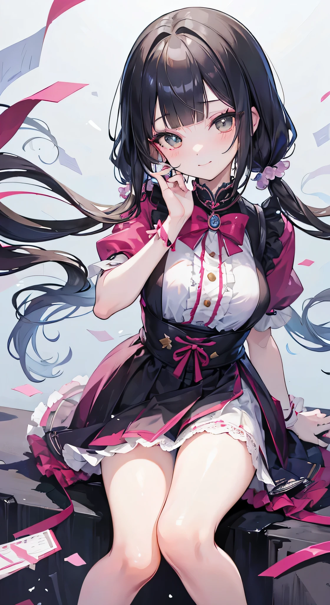 ((masterpiece,highest quality))、Only One Woman, Low pigtail,dull bangs,princess cut,smile,delicate hands,anime,figure,Two dimensions,beautiful girl,remove extra arms,remove extra legs,remove extra fingers,clothes of other colors,same hairstyle,same hair color,idol clothes