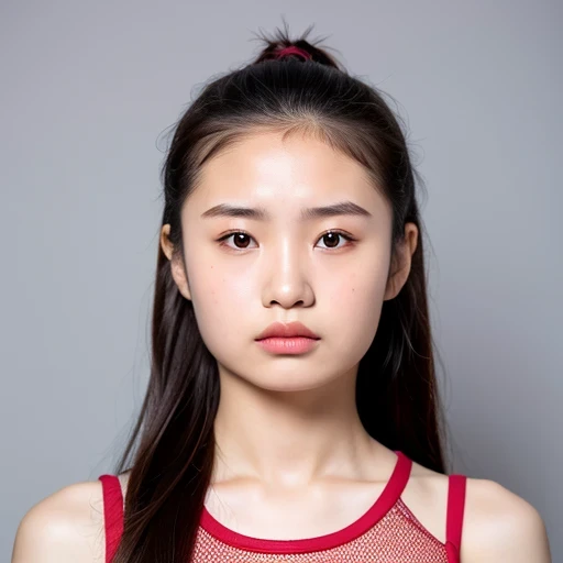 （best quality, masterpiece：1.2）, ID photo of a -yeld Chse girl, sportswear, camisole，Pure cotton，gray background, Surrealism, ultra high definition, textured skin, high detail，facing the camera, 8K crocodile skeleton（（（platinum marble sunglasses）））