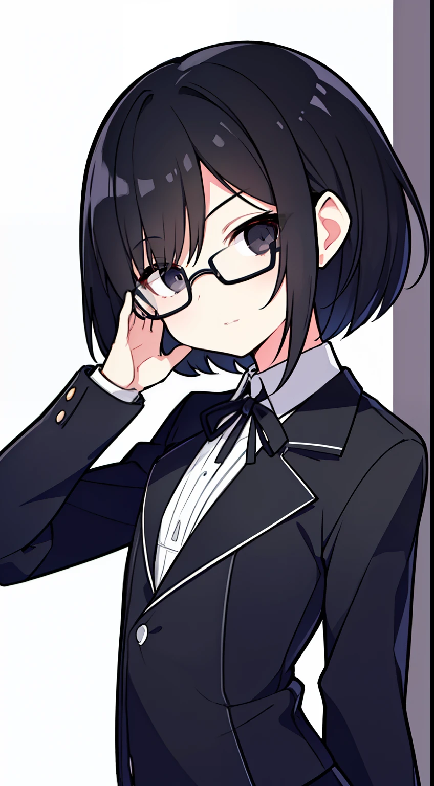 (highest quality、masterpiece:1.2) ((1 girl)) black hair、black eye、short hair (black school uniform) (flat chest) (Glasses) beautiful and well-shaped face、dark look
