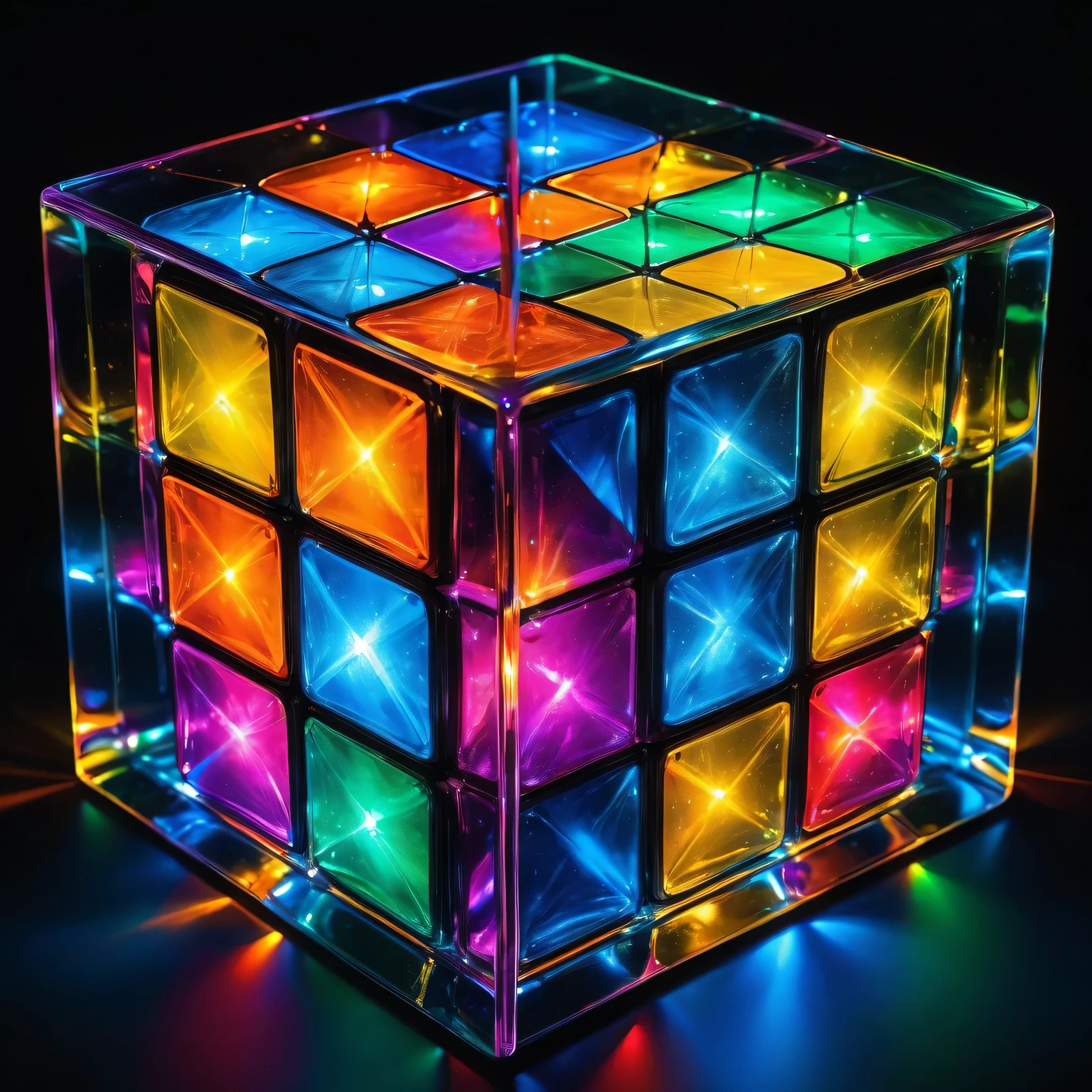 luminescent,Glass,rubik's cube,translucent,Reflection,fourth dimension,Colorful lights,闪闪luminescent表面,Complex puzzles,luminescent,Geometry,illuminated,transparency,Observations,rotate,charming pattern,complex design,reflective,Interactive,Visual charm,Optical illusion,light refraction,harmony of colors,Precision craftsmanship,Art showcase,mathematical complexity,shining,abstract challenge,Solve problems creatively,lens flare,Light manipulation,Vibrant aesthetics,playful twist,Image distortion,Prism effect,charming composition,waking consciousness,visual exploration