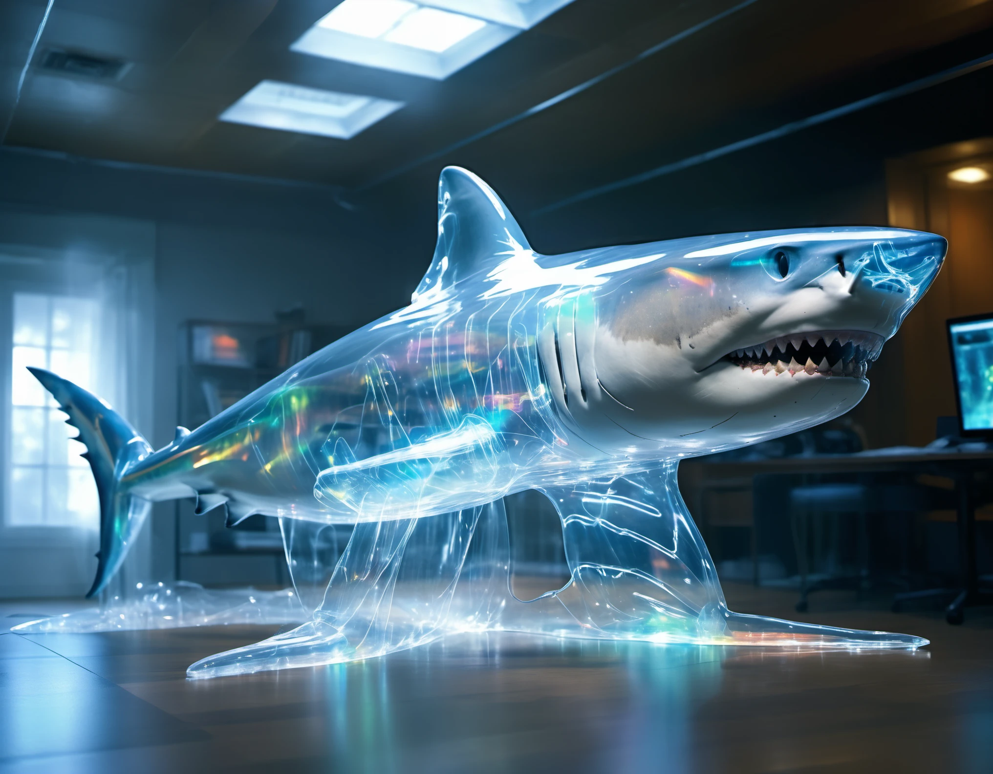 Completely (transparent:1.9) (Holographic:1.5) (Digital shark of neural circuits:1.5) swims in the information space and digital information flows, (the shark consists of connected neural circuits:1.5) which move (impulses:1.5), neural creature, the highest detail, pay attention to the internal structure of the shark, digital atmosphere, advanced technology, fiction, digital painting