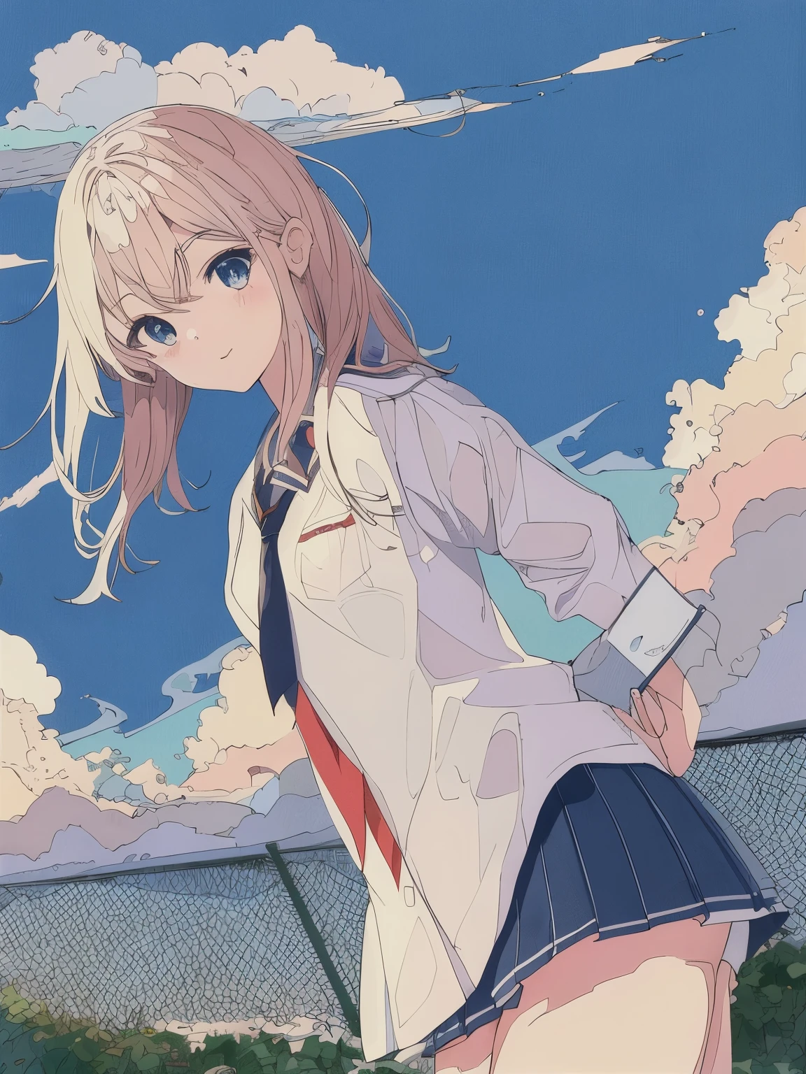 A high school girl in uniform is standing、summer、mini skirt、cumulonimbus、blue sky、nostalgic、日本のsummer