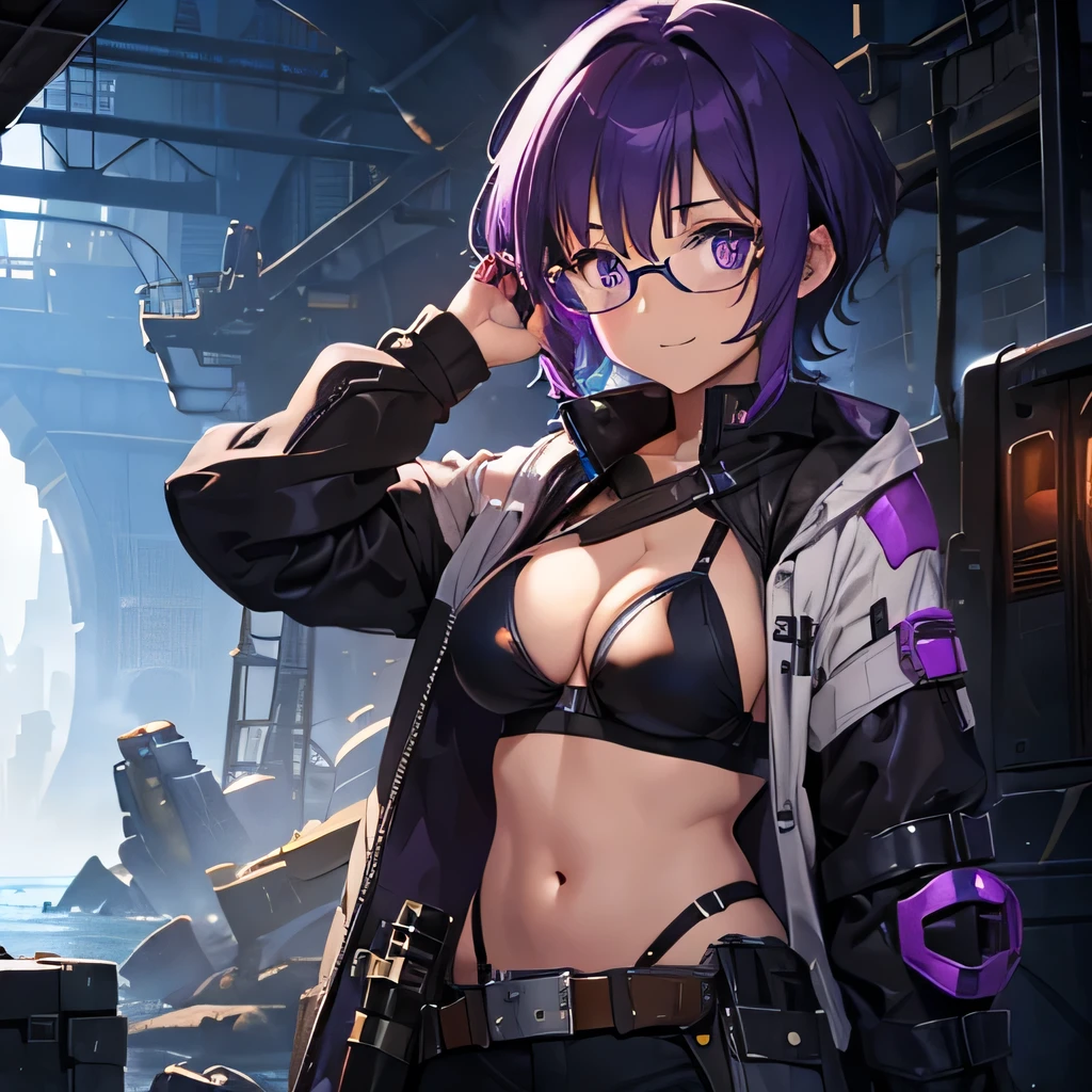 female, short purple hair, engineer, mad scientist, foggy nerd glasses, happy, black bikini armor, fantasy