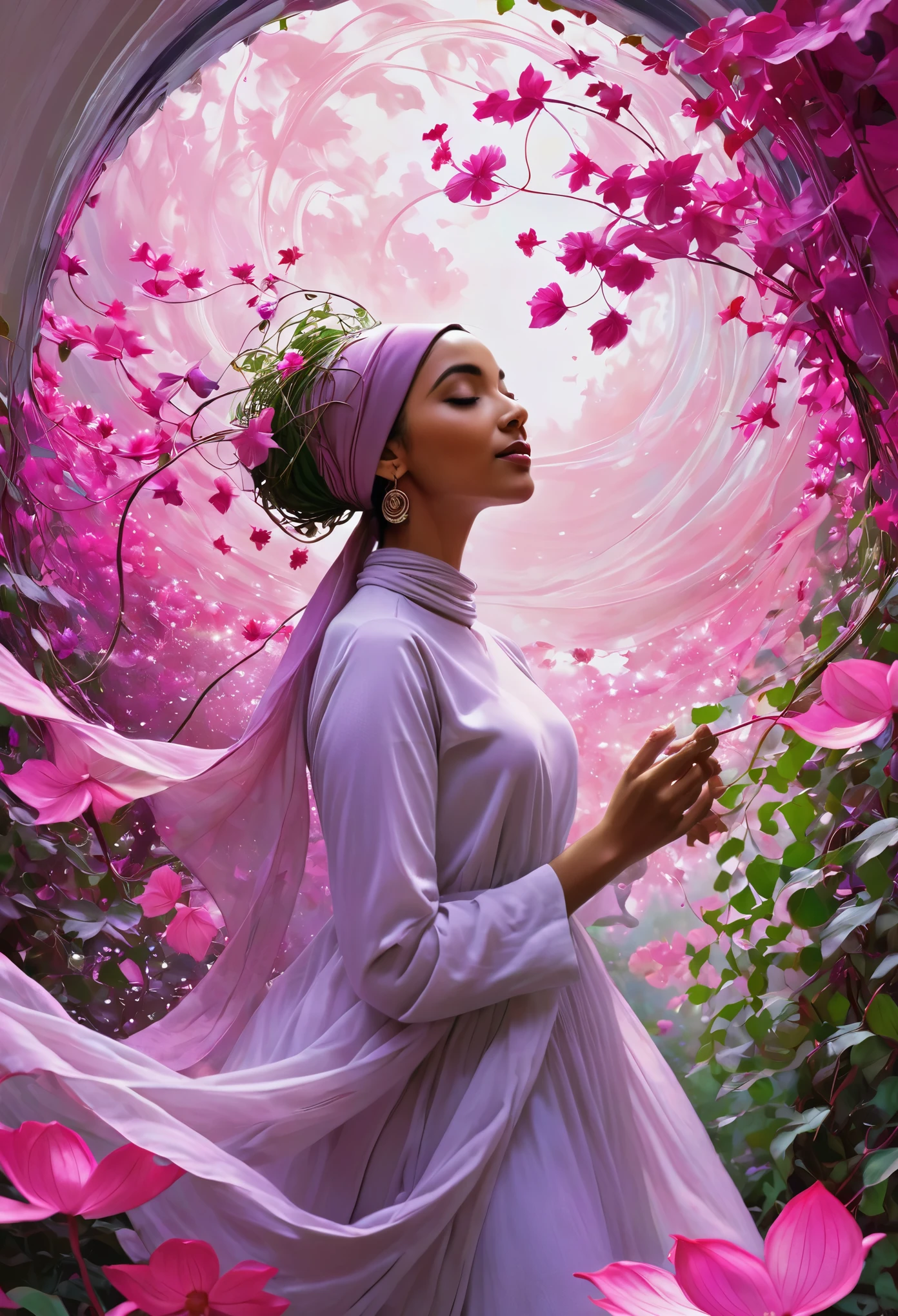 beautiful hijab A captivating digital painting, inspired by the signature style of Norman Rockwell, featuring a serene young woman standing amidst a swirling dance of pink and purple flowers leaves and vines. She is surrounded by a plant-based being, with roots and flowers intertwining, creating a sense of depth and movement. The woman exudes a sense of determination and calm, as if she is perfectly in tune with the natural rhythm of the universe. The overall ambiance of the 