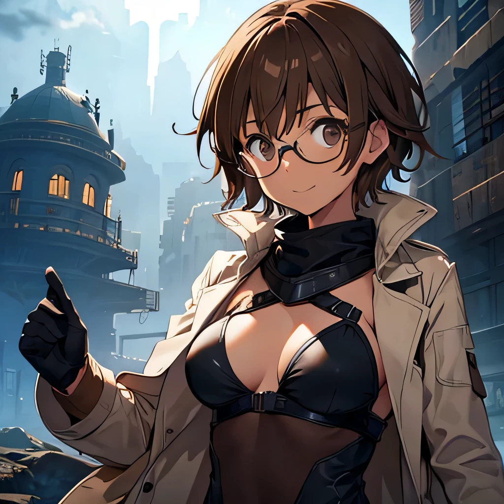 female, short brown hair, engineer, mad scientist, foggy nerd glasses, happy, black bikini armor, fantasy, open coat