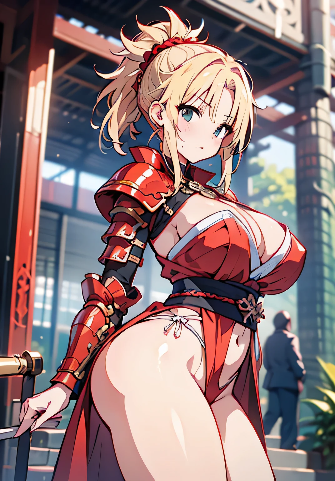Erotic Anime Illustration、best image quality、Plump gal samurai guarding the castle gate、mordred、perfect proportions、samurai armor、Overwhelming big breasts that go beyond common sense、thick legs with fat、cowboy shot、Also々new expression