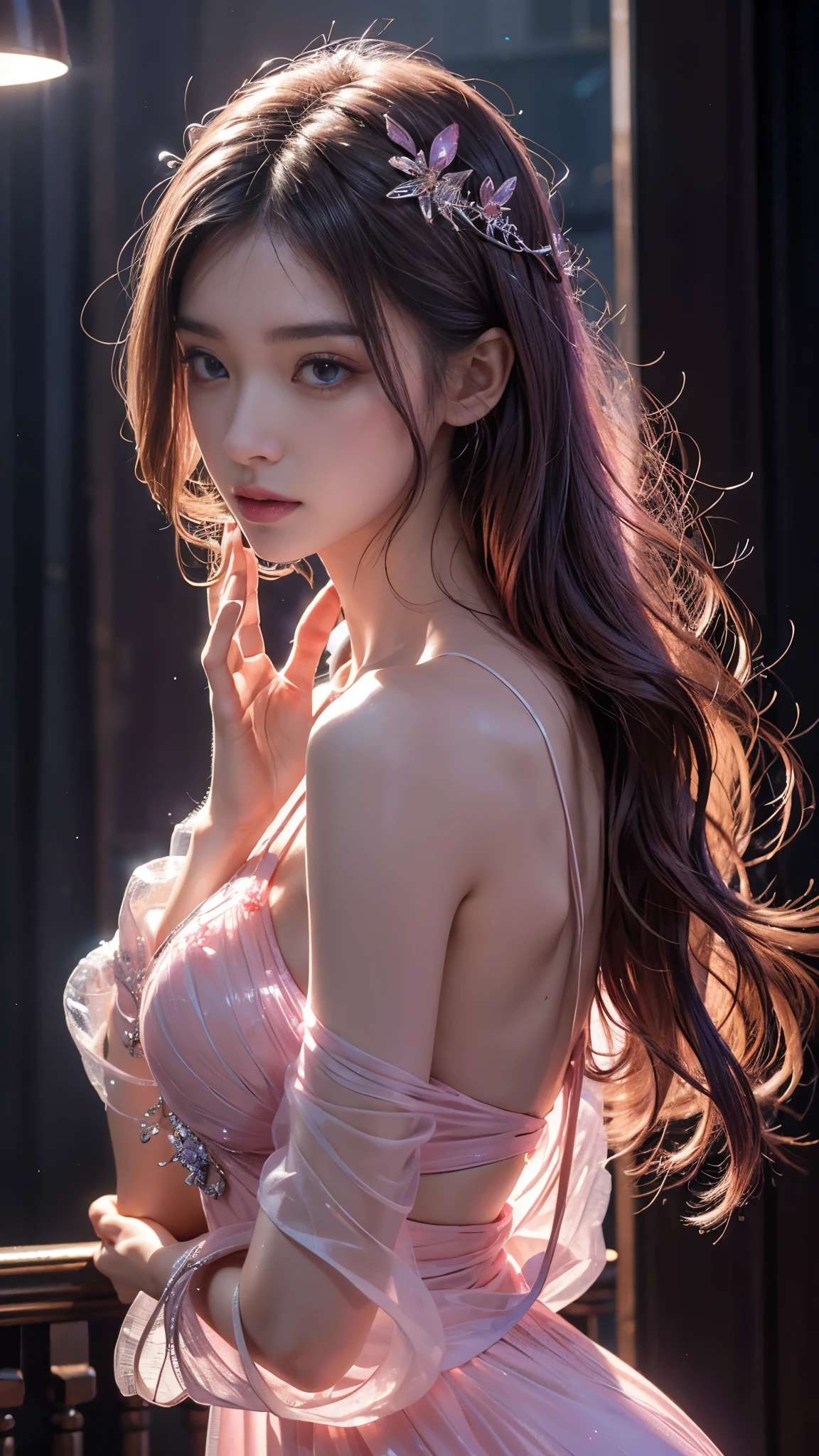 Full figure, seven -clinging shooting, 18 years old, wearing transparent science fiction dress, exquisite faces, details, hands, ultimate details, amazing magnificence, LED internal lighting, Pedaipan style, fiber hair, glowing pink iris, glowing pink iris,