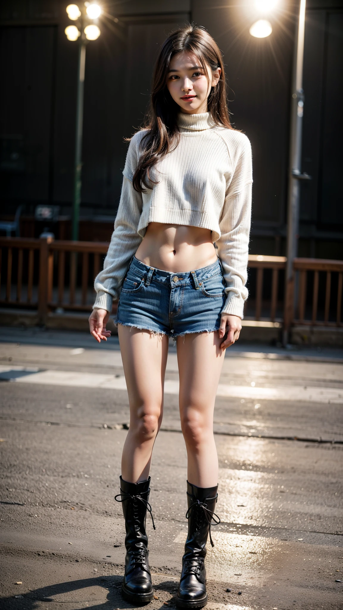88K, masutepiece, Raw foto, Best Quality, Photorealistic, Wallpapers with extreme details CG Unity 8K, depth of fields, Cinematic Light, lensflare, Ray traching, (Extremely beautiful face, Beautiful lips, beautidful eyes), intricate detail face, ((Ultra Detail Skin)) 1girl in, (Korean model Kim Daun, Dhoni), (Korean model Kim Daun, Dhoni), (Korean model Kim Daun, Dhoni), (Korean model Kim Daun, Dhoni), (Korean model Kim Daun, Dhoni),1 girl, ((look up at viewer)),(huge smile:1.3), (blured background), A glimmer of light), (No people in the background.:1.3), Beautiful earrings, Clear eyes, Front shot, (pale-skinned), (Big eyes), (Big eyes) (Big eyes), (Big eyes), (Big eyes), Facing forward, (Full body shot), (ligh brown hair), Open the navel............, (look up at viewer:1.3), small hips, small hips,small hips, a slender waist, small hips, ((wide open abdomen))、((open abdomen))、((wide open navel))、((open navel))、((Bare belly))、((Mid-Riff Sweater))、((Ultra-low rise、Denim Mini Skirt))、 ((Navel Ejection))、((small hips))、((Full body depiction))、((small hip))、(boots)、((Ultra-low rise))、 ((Denim Mini Skirt))、((is standing))、
