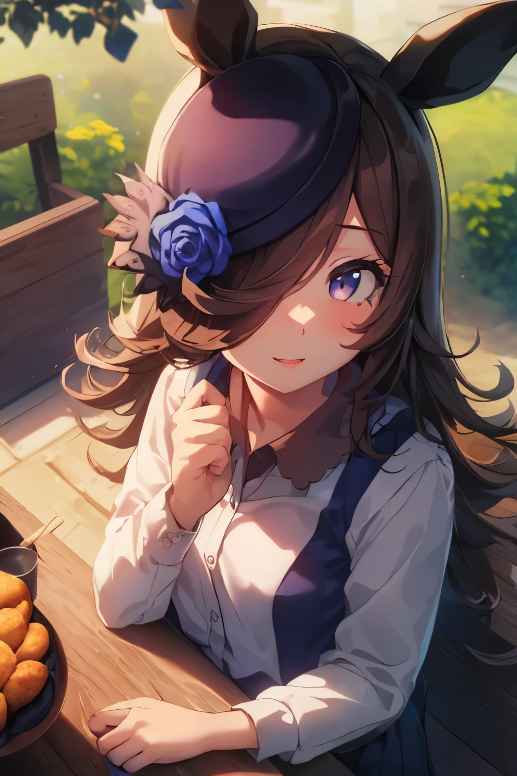 (table top.highest quality).(dynamic angle). (CG painting with very impressive details),(perfect image)、comic strip.shape.1 girl.detailed face、perfect face.delicate face、girl wearing a delicate uniform、rough skin、black hair.length、(Umamimi Girl)Umamimi Girl、((beautiful blue eyes)).delicate and beautiful eyes、fine eyes、reflected eyes、smile.(look at the audience:1.3).(face is a little red:0.8)、8k wallpaper、cowboy shot、reflected light、most detailed、Complex、The delicate background is outdoors、Girl sitting on a bench、rough skin、fine skin、(super resolution)、wearing a uniform
