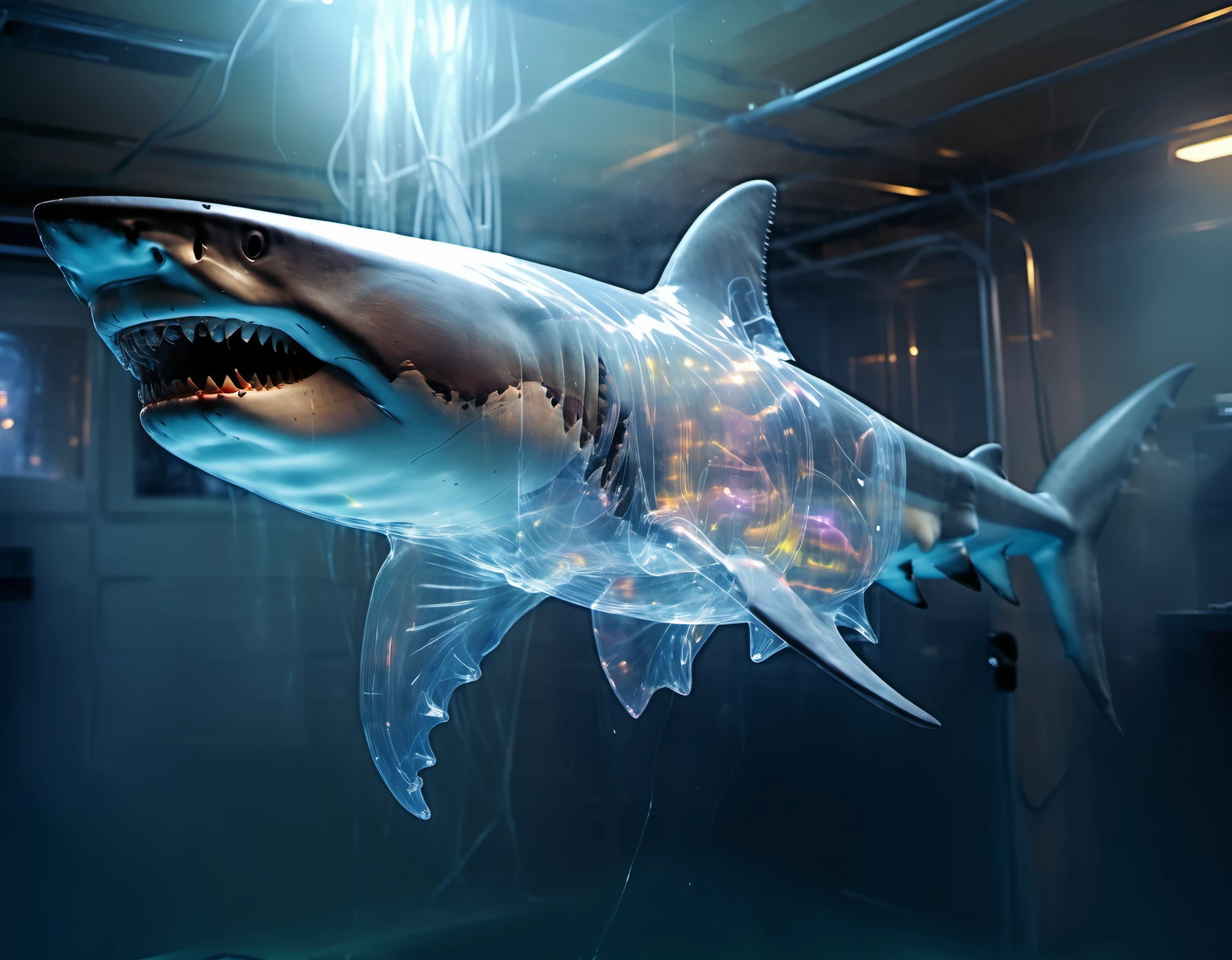 Completely (transparent:1.9) (Holographic:1.5) (Digital shark of neural circuits:1.5) swims in the information space and digital information flows, (the shark consists of connected neural circuits:1.5) which move (impulses:1.5), neural creature, the highest detail, pay attention to the internal structure of the shark, digital atmosphere, advanced technology, fiction, digital painting