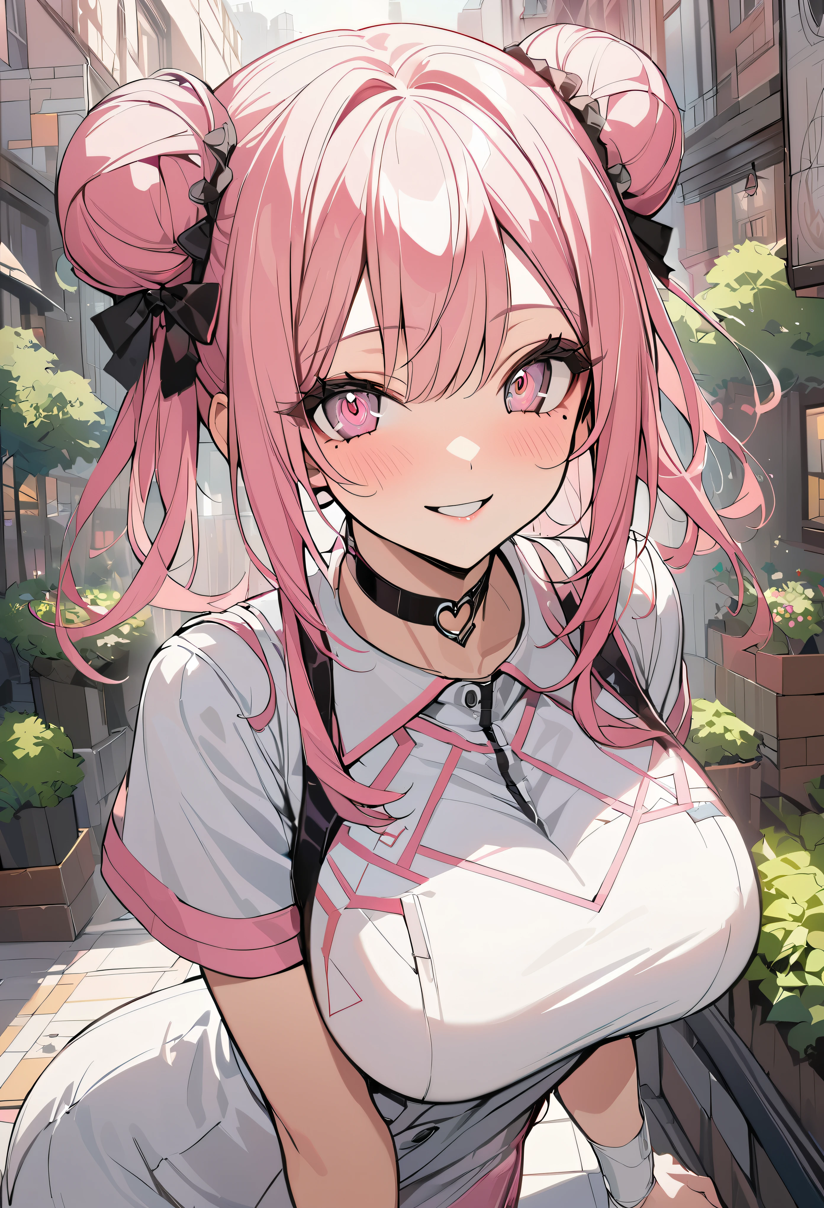 1 girl, pink long bun hair, heart shaped eyes, ♡, big breasts, nurse uniform, {girl with pink long bun hair named Nami}, (Pink eye color), {downtown}, (smile), bright background , mole under eye, heart shaped choker, (masterpiece, highest quality), very detailed, highest quality, official art, beautiful and aesthetic: 1.2), (1 girl), very detailed, (geometry art: 1.3), colorful, most detailed ?d1 girl, pink long bun hair, Eye of the symbol, +__+, big breasts, gothic costume, {A girl with long pink bun hair named Nami}, (Pink eye color), {downtown}, (smile), bright background, (garden,beautiful flower々),mole under eye, heart shaped choker, (masterpiece, highest quality), official art, beautiful and aesthetic: 1.2), (1 girl), very detailed, (geometry art: 1.3), colorful