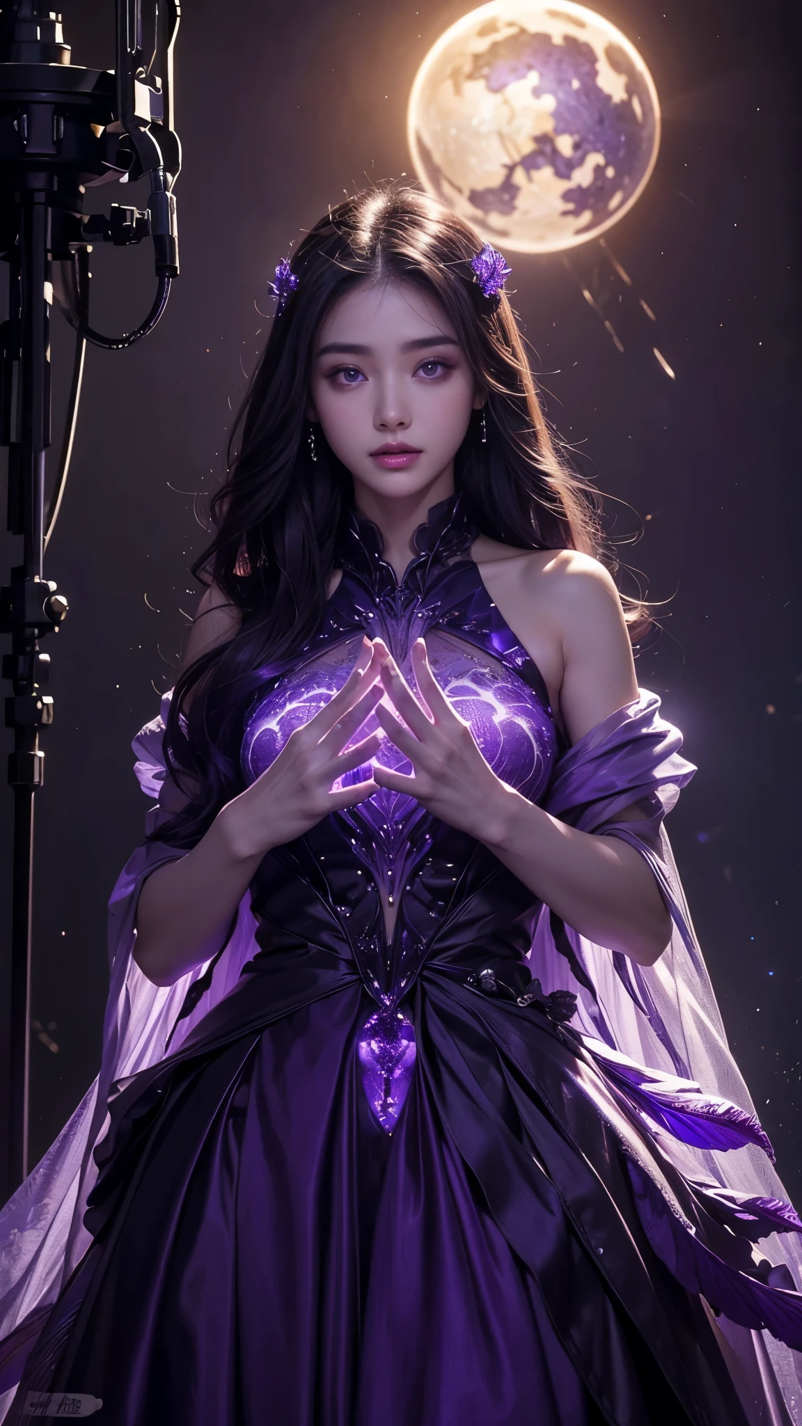Full figure, seven -clinging shooting, 18 years old, wearing transparent science fiction dress, exquisite faces, details, hands, ultimate details, amazing magnificence, LED internal lighting, Pedaipan style, fiber hair, glowing black iris, glowing black iris,