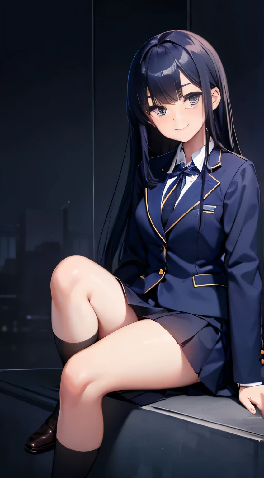 expensiveest quality、grinning smile、expensive school girl、(((dark blue slanted eyes)))、Tsuri eyebrows、dark blue long hair、grated bangs、expensive 、skirt around the knees、navy blue blazer、sitting pose、expensive、School