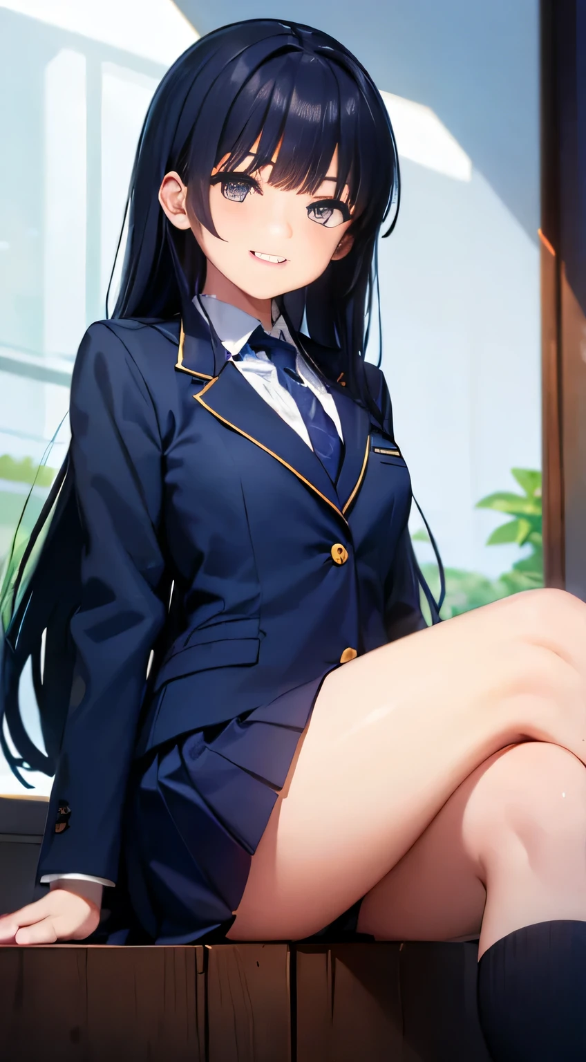 expensiveest quality、grinning smile、expensive school girl、(((dark blue slanted eyes)))、Tsuri eyebrows、dark blue long hair、grated bangs、expensive 、skirt around the knees、navy blue blazer、sitting pose、expensive、School
