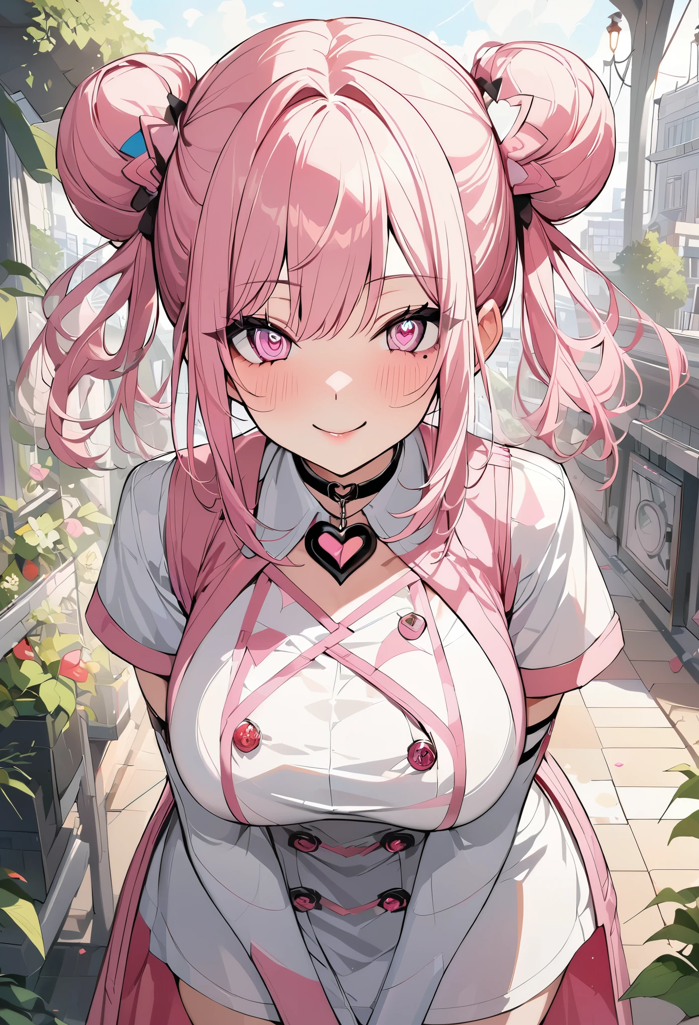 1 girl, pink long bun hair, heart shaped eyes, ♡, big breasts, nurse clothes, {girl with pink long bun hair named Nami}, (Pink eye color), {downtown}, (smile), bright background , mole under eye, heart shaped choker, (masterpiece, highest quality), very detailed, highest quality, official art, beautiful and aesthetic: 1.2), (1 girl), very detailed, (geometry art: 1.3), colorful, most detailed ?d1 girl, pink long bun hair, Eye of the symbol, +__+, big breasts, gothic costume, {A girl with long pink bun hair named Nami}, (Pink eye color), {downtown}, (smile), bright background, （garden,beautiful flower々）,mole under eye, heart shaped choker, (masterpiece, highest quality), official art, beautiful and aesthetic: 1.2), (1 girl), very detailed, (geometry art: 1.3), colorful