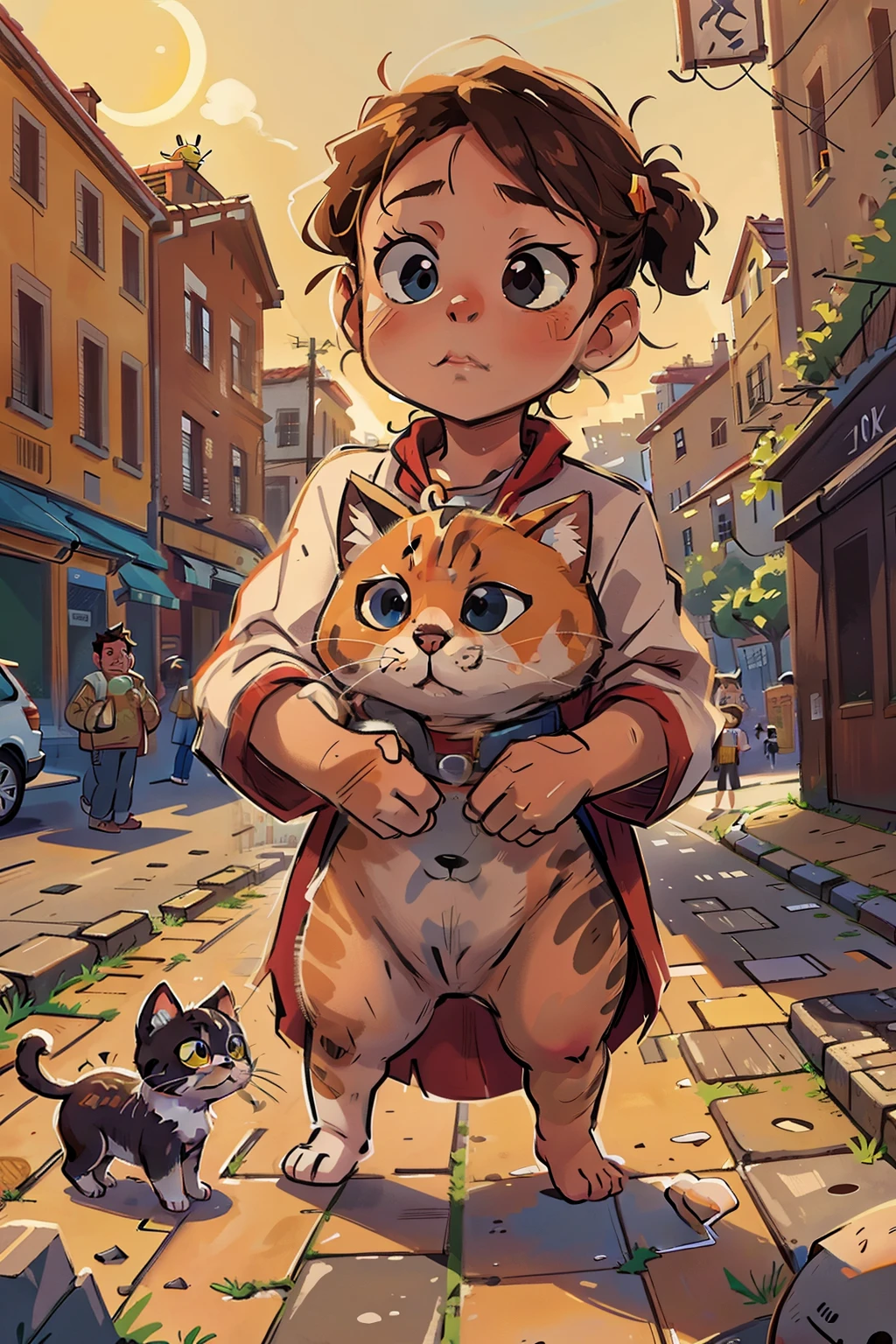 AI-generated image: A poverty-stricken kitten, with matted fur and ribs visible, navigates the cobblestone path of a bustling pedestrian street – Colosseum in Rome, Italy – surrounded by tourists in colorful attire. The sun sets behind ancient ruins, casting a warm glow over the scene. The kitten's head tilts curiously as it explores its surroundings, its big, pleading eyes pleading for help or companionship. Bystanders pause to offer sympathetic looks or attempts to approach the kitten, but it skittishly avoids their touches, continuing its journey along the iconic street. The AI image offers a poignant visual commentary