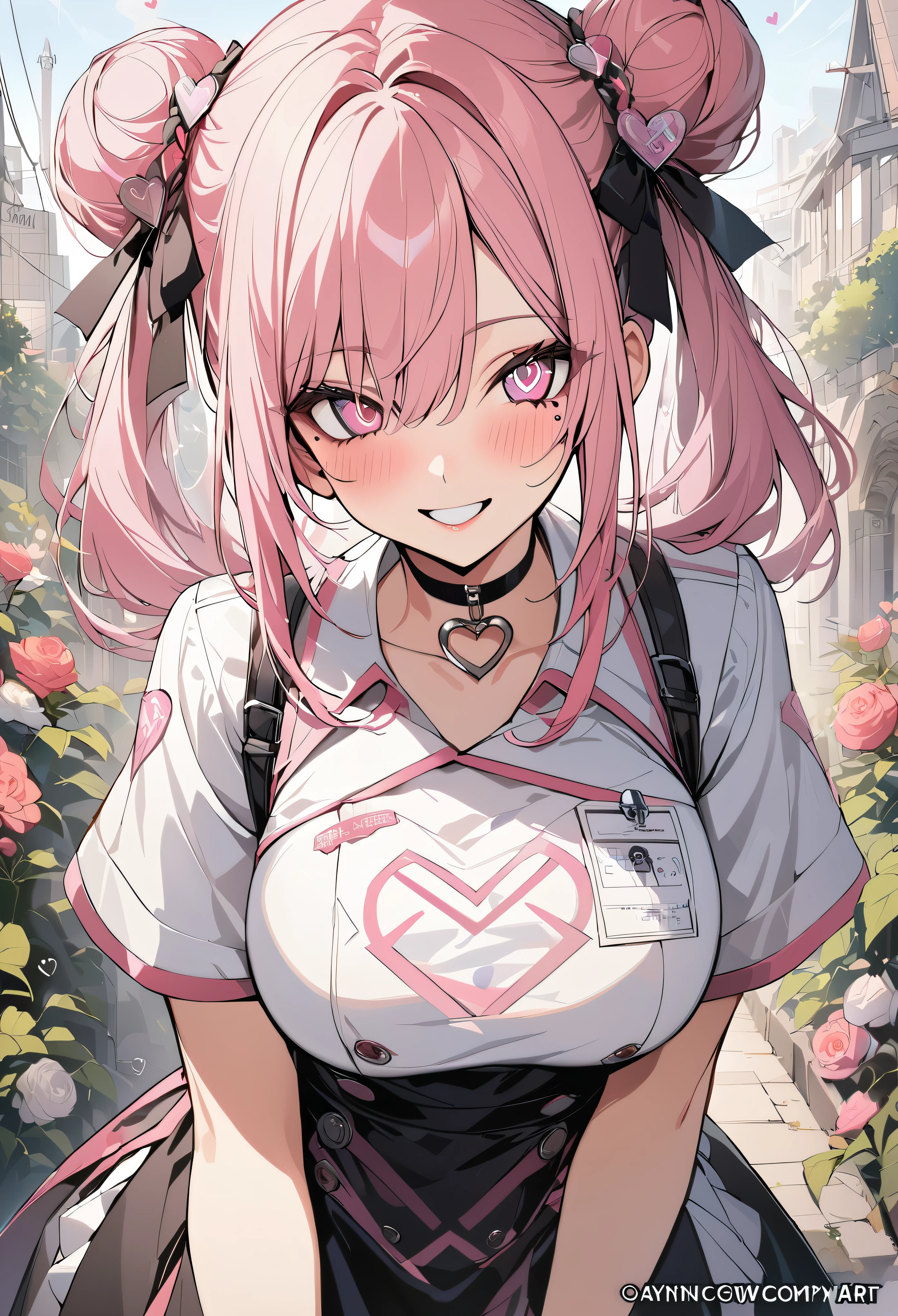 1 girl, pink long bun hair, heart shaped eyes, ♡, big breasts, nurse uniform, {girl with pink long bun hair named Nami}, (Pink eye color), {downtown}, (smile), bright background , mole under eye, heart shaped choker, (masterpiece, highest quality), very detailed, highest quality, official art, beautiful and aesthetic: 1.2), (1 girl), very detailed, (geometry art: 1.3), colorful, most detailed ?d1 girl, pink long bun hair, Eye of the symbol, +__+, big breasts, gothic costume, {A girl with long pink bun hair named Nami}, (Pink eye color), {downtown}, (smile), bright background, (garden,beautiful flower々),mole under eye, heart shaped choker, (masterpiece, highest quality), official art, beautiful and aesthetic: 1.2), (1 girl), very detailed, (geometry art: 1.3), colorful
