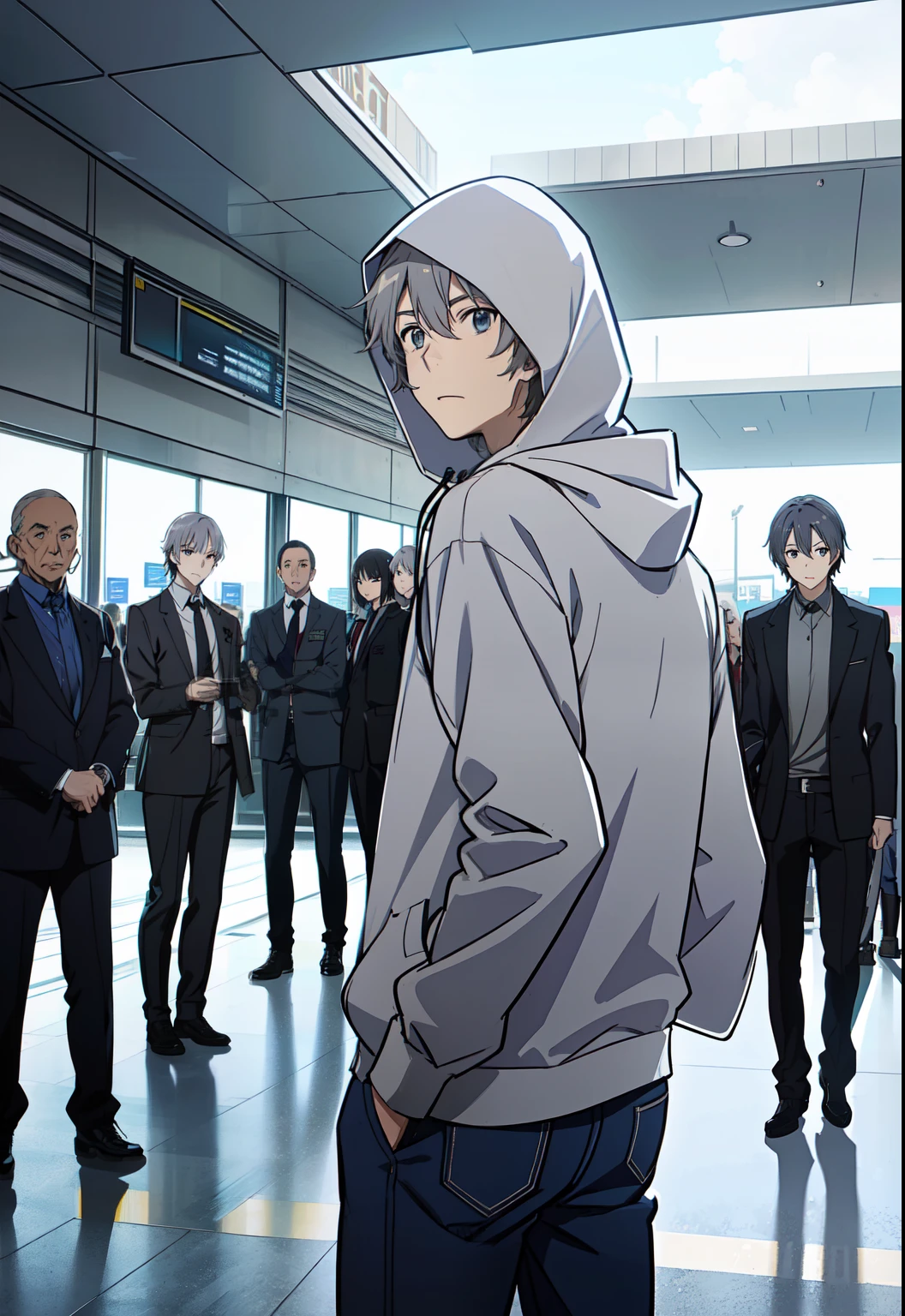 ((anime)) ,(((boy))), (pale violet eyes), (masterpiece:1.2), Best quality, A high resolution, unity 8k wallpaper, (illustration:1.2), (very detailed face), (perfect hands), (Ideal Anatomy), (((light gray hair))), ((no bangs:1.2)), ((hoodie)), (((The hood was thrown over his head))) ((blue jeans)), ((Looking Back:1.1)), ((left the airport building)), ((standing in the parking lot)), ((far away from him are guys in black suits)), ((guys in black run after him)) 