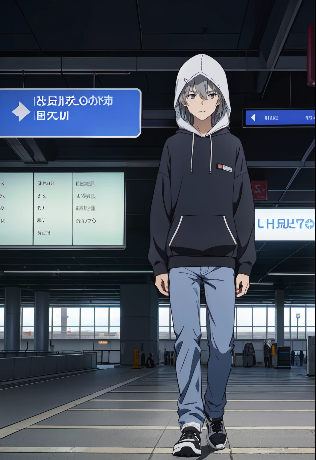 ((anime)) ,(((boy))), (pale violet eyes), (masterpiece:1.2), Best quality, A high resolution, unity 8k wallpaper, (illustration:1.2), (very detailed face), (perfect hands), (Ideal ???????), (((light gray hair))), ((no bangs:1.2)), ((hoodie)), (((The hood was thrown over his head))) ((blue jeans)), ((Looking Back:1.1)), ((left the airport building)), ((standing in the parking lot)), ((far away from him are guys in black suits)), ((guys in black run after him))