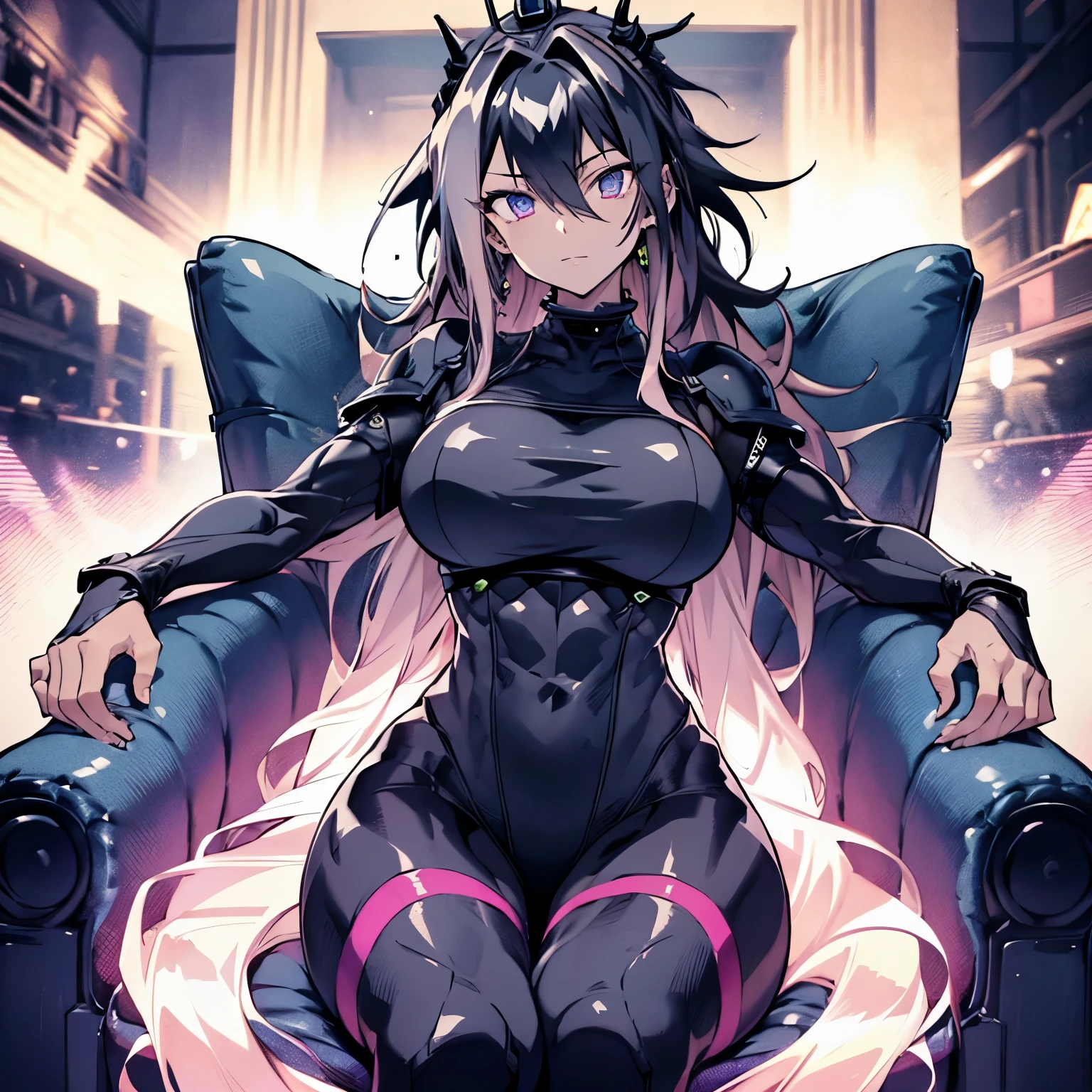 (waifu), ((sitting on giant throne)), ((huge throne)), marle barrock, ((long hair)),  more background, medieval, (full body), (high resolution), (high res), great quality, mature, perfect eyes, strong shadows, detailed face, detailed abs, direct light, under light, strong jaw,  massive ass, neon lights, thick thighs, long torso, wide waist, skinny torso, fit, perfect face, neon light, (tight armor), (colorful vibrant light),