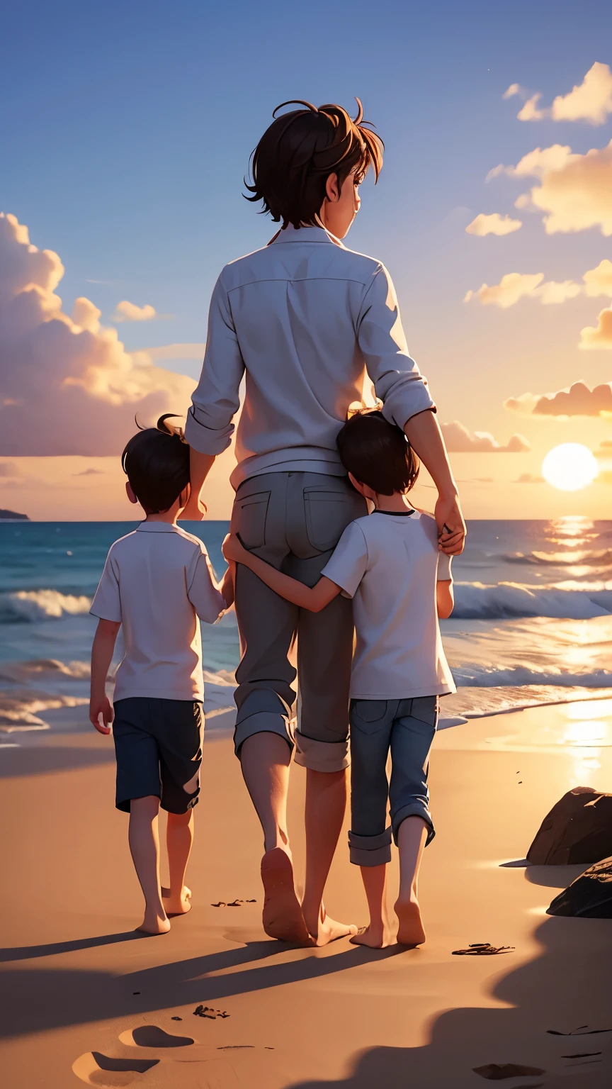 A family of four walks along the sandy beach towards the sunset.、Overflowing with family love
"(setting):(best quality),(masterpiece),(detailed),(ultra detailed),(insanely detailed),(ultra-quality),(highly detailed),(FHD)"