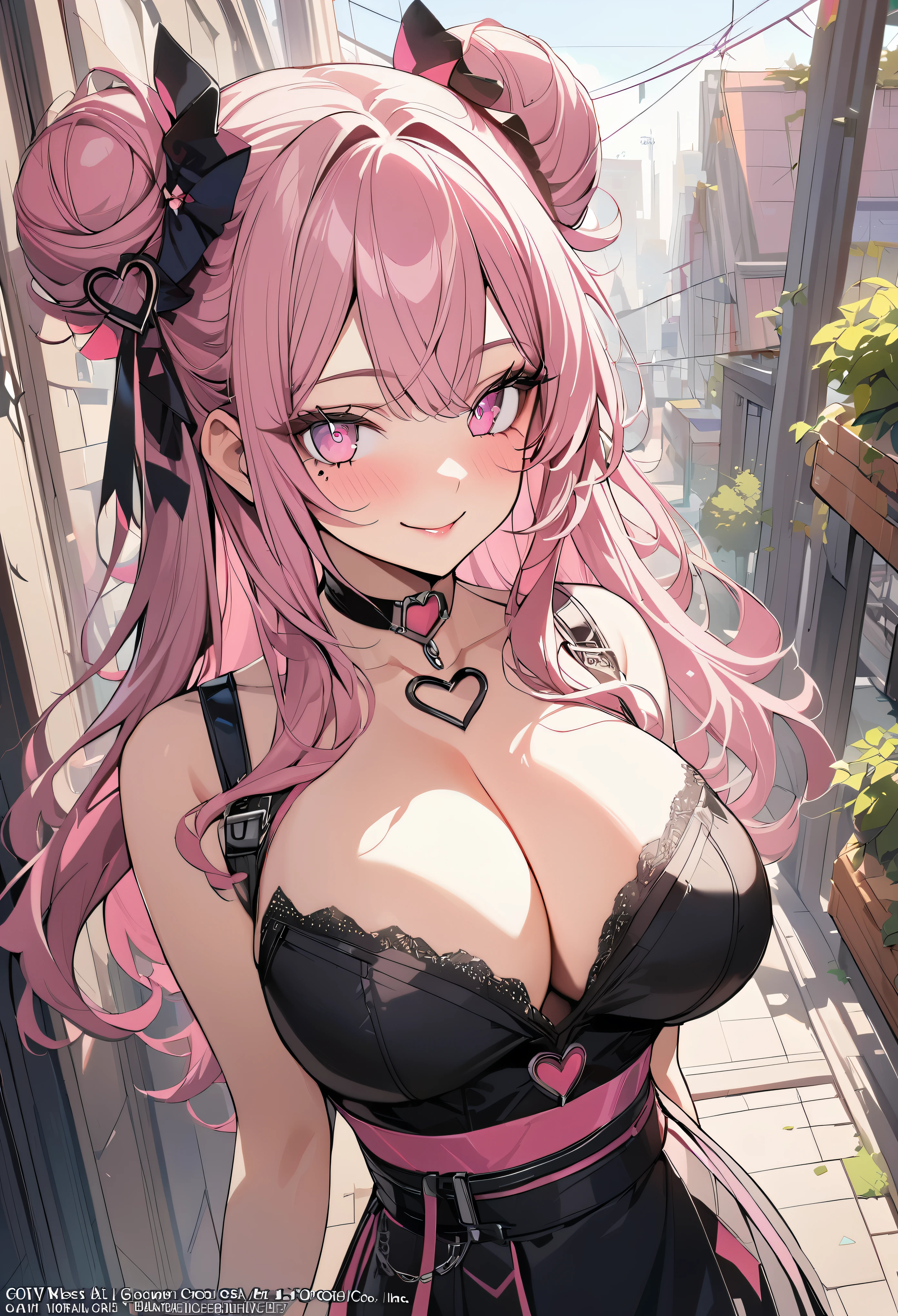 1 girl, pink long bun hair, heart shaped eyes, ♡, big breasts, police officer clothes, {girl with pink long bun hair named Nami}, (Pink eye color), {downtown}, (smile), bright background , mole under eye, heart shaped choker, (masterpiece, highest quality), very detailed, highest quality, official art, beautiful and aesthetic: 1.2), (1 girl), very detailed, (geometry art: 1.3), colorful, most detailed ?d1 girl, pink long bun hair, Eye of the symbol, +__+, big breasts, gothic costume, {A girl with long pink bun hair named Nami}, (Pink eye color), {downtown}, (smile), bright background, (garden,beautiful flower々),mole under eye, heart shaped choker, (masterpiece, highest quality), official art, beautiful and aesthetic: 1.2), (1 girl), very detailed, (geometry art: 1.3), colorful