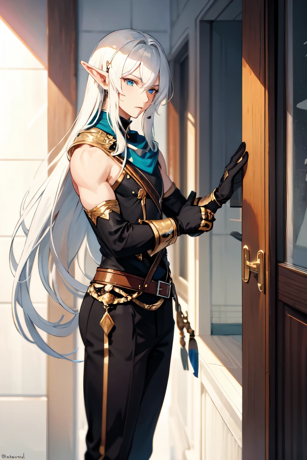 male elf with white hair being in anime style
