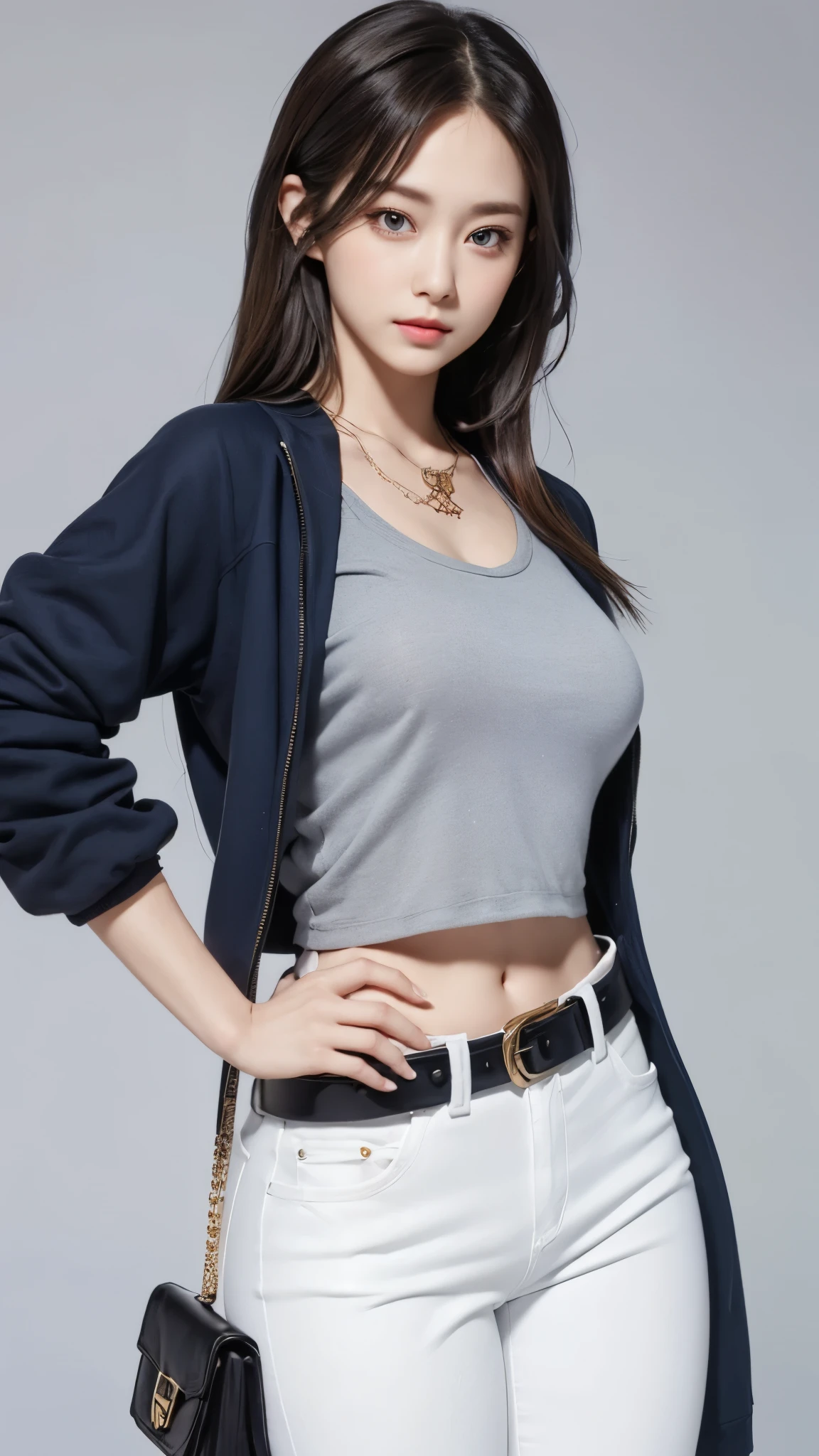 an illustrated character with a manga style. She has long, straight hair with blended gray and light brown tones. Her eyes are large and expressive, with blue irises. She has a nose and plump lips.The character is wearing navy tank top that accentuates her fit physique. She has on white jeans with a belt, giving her a casual yet stylish look. A small necklace completes her outfit. Her pose conveys confidence, with one hand on her hip and a subtle smirk on her face. fashion-forward young woman character, comic art styles. The background is plain white, keeping the focus solely on the detailed character illustration itself.