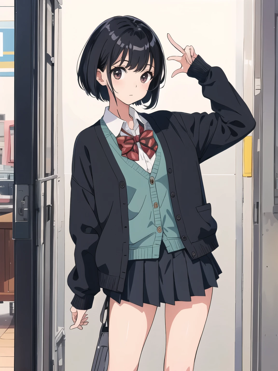 A high school girl in uniform is standing、cardigan、mini skirt、nostalgic、Black straight hair、cute、